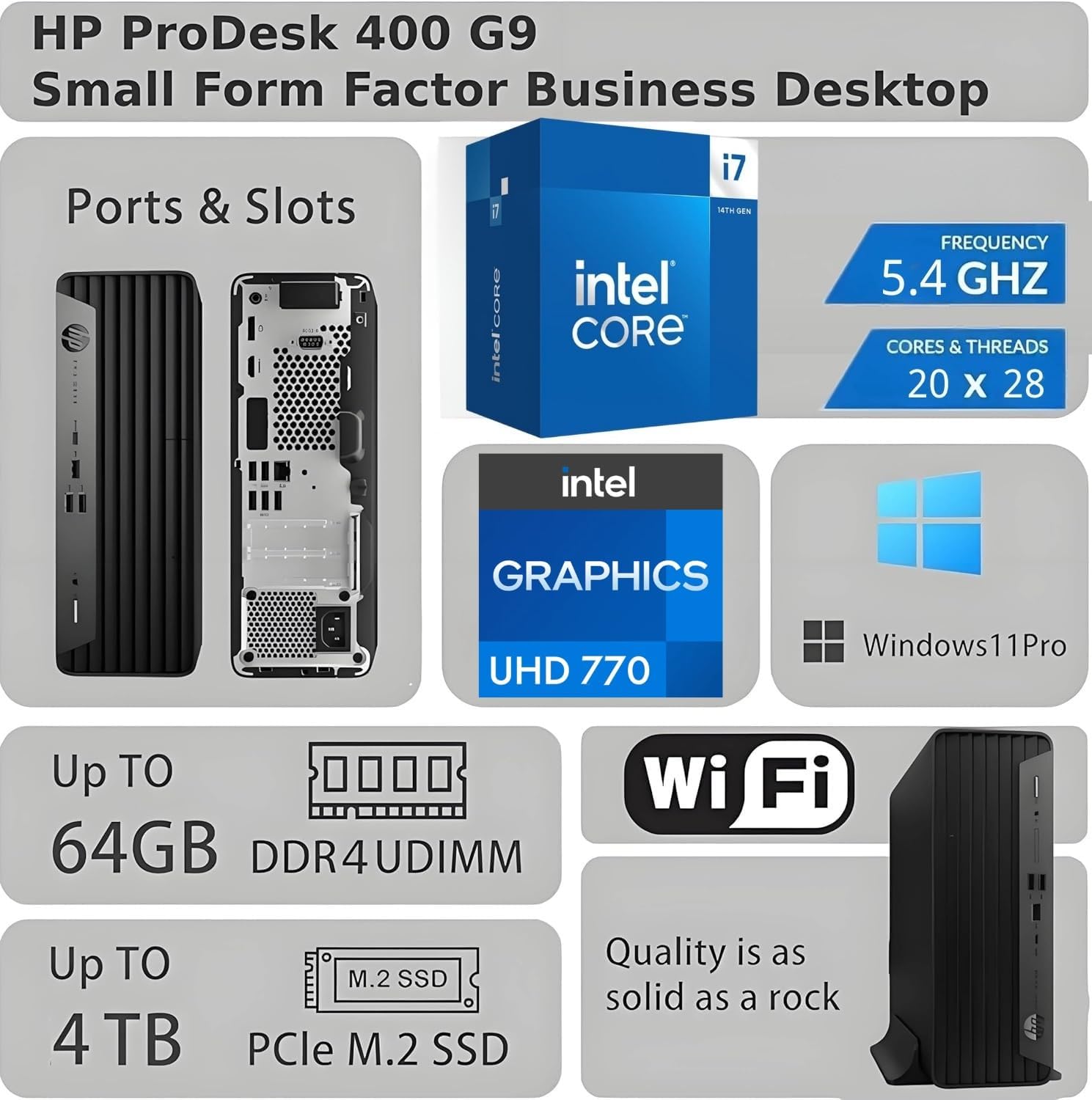 HP ProDesk 400 G9 SFF Business Desktop Computer, Intel Core i7-14700(20-Cores/28-Threads), 32GB DDR5 RAM, 512GB PCIe SSD + 1TB HDD, HDMI&DP Dual 4K Display Support, USB-C, RJ-45, Wi-Fi, Windows 11 Pro