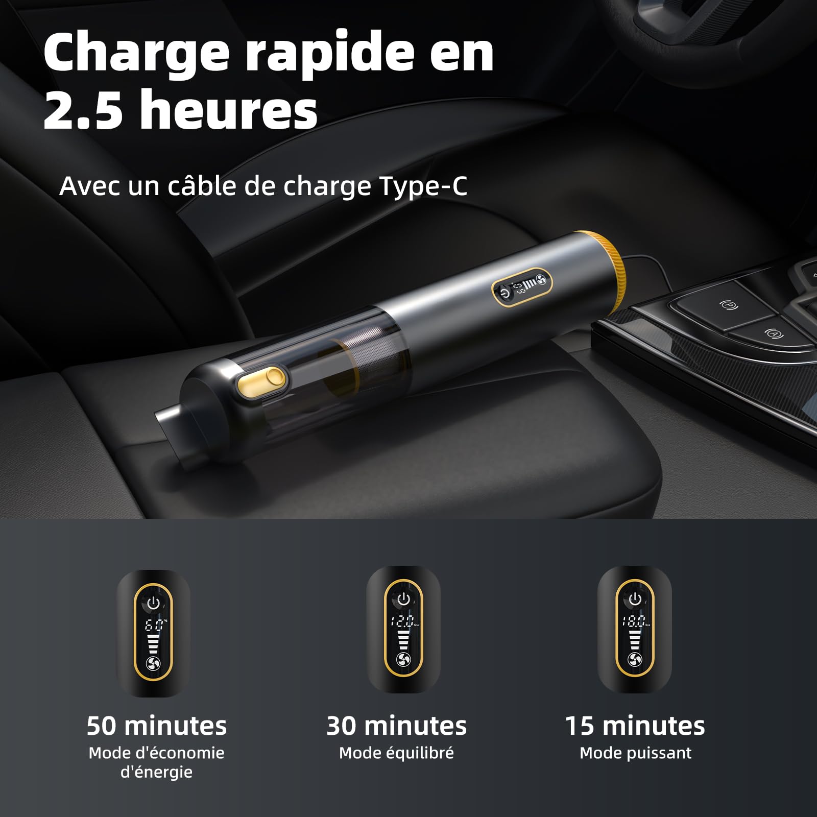 Aspirateur à Main 18000Pa - Aspirateur Voiture sans Fil Puissant avec Fonction Vidage Automatique 1 Bouton, 3 Vitesses, Charge Rapide, pour Poils d'animaux, Canapé et Intérieur de Voiture