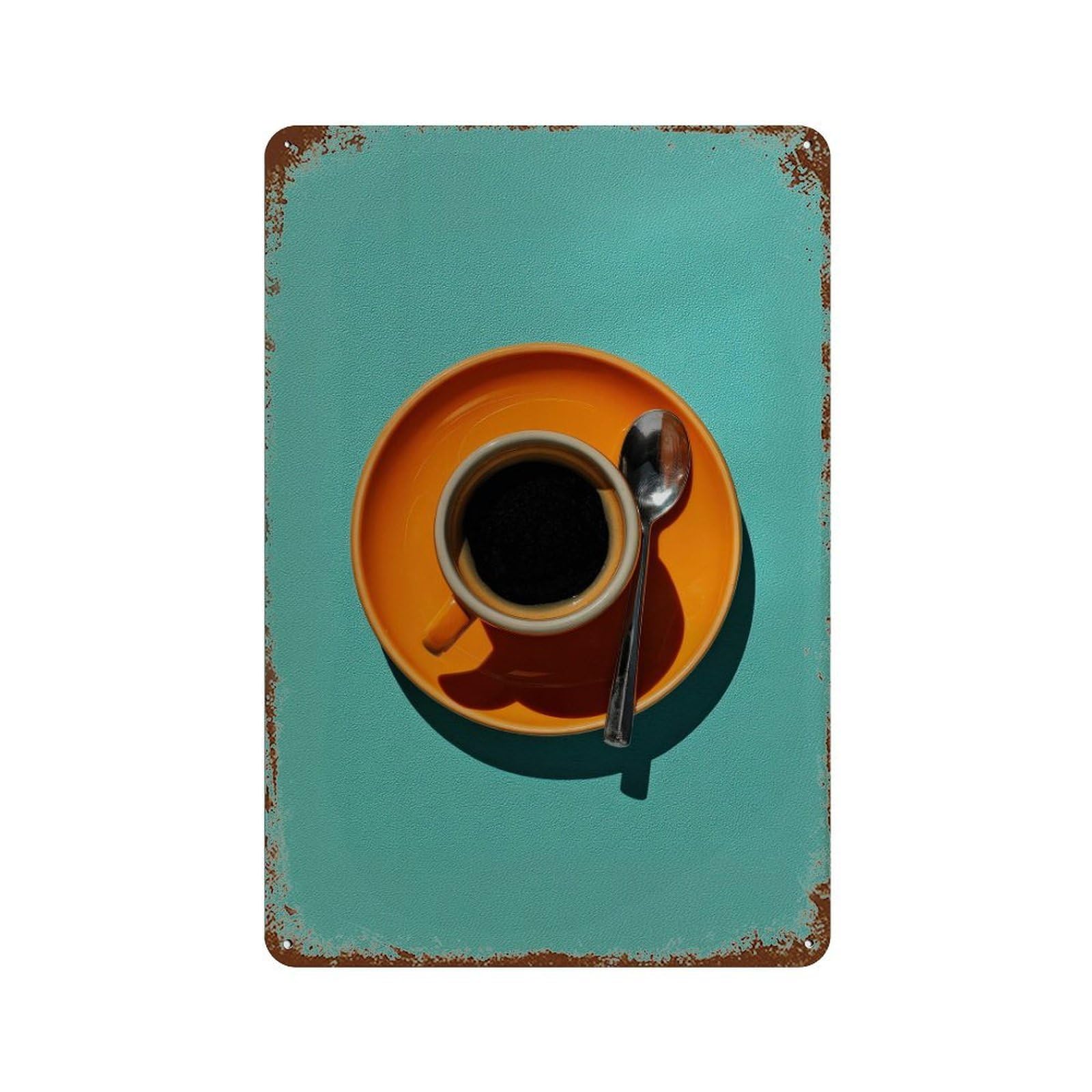 xiaoxiaoshen Coffee Orange Saucer on Turquoise Background Wall Decor Art Metal Tin Poster Modern Home Decor Art Home Bar Shop Decorations Vintage Sign 30x20cm