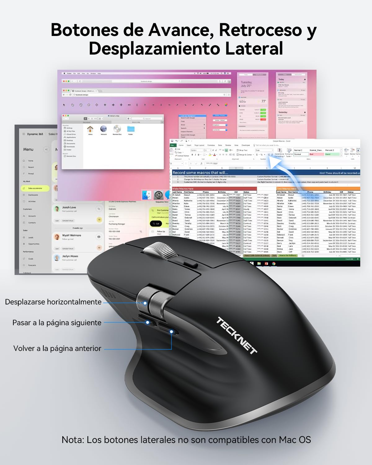 TECKNET Ratón Inalámbrico, 3 Modos (BT 5.3/5.0+2.4G) Recargable Ratón Bluetooth Silencioso con Rueda de Desplazamiento Lateral, 6 Niveles dpi Ajustables Compatible con Windows, macOS, PC - Negro