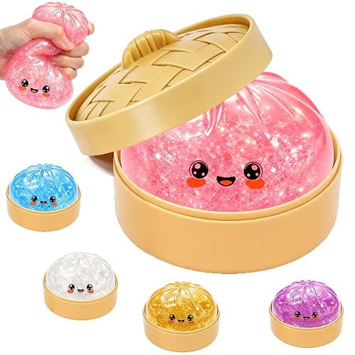Glitter Dumpling Squishy Toy, Stretchable Squishies Dumpling Squeeze Stress Balls with Food Steaming Box, Fidget Squishy Squeeze Toys for Holiday & Birthday Gifts (Pink)