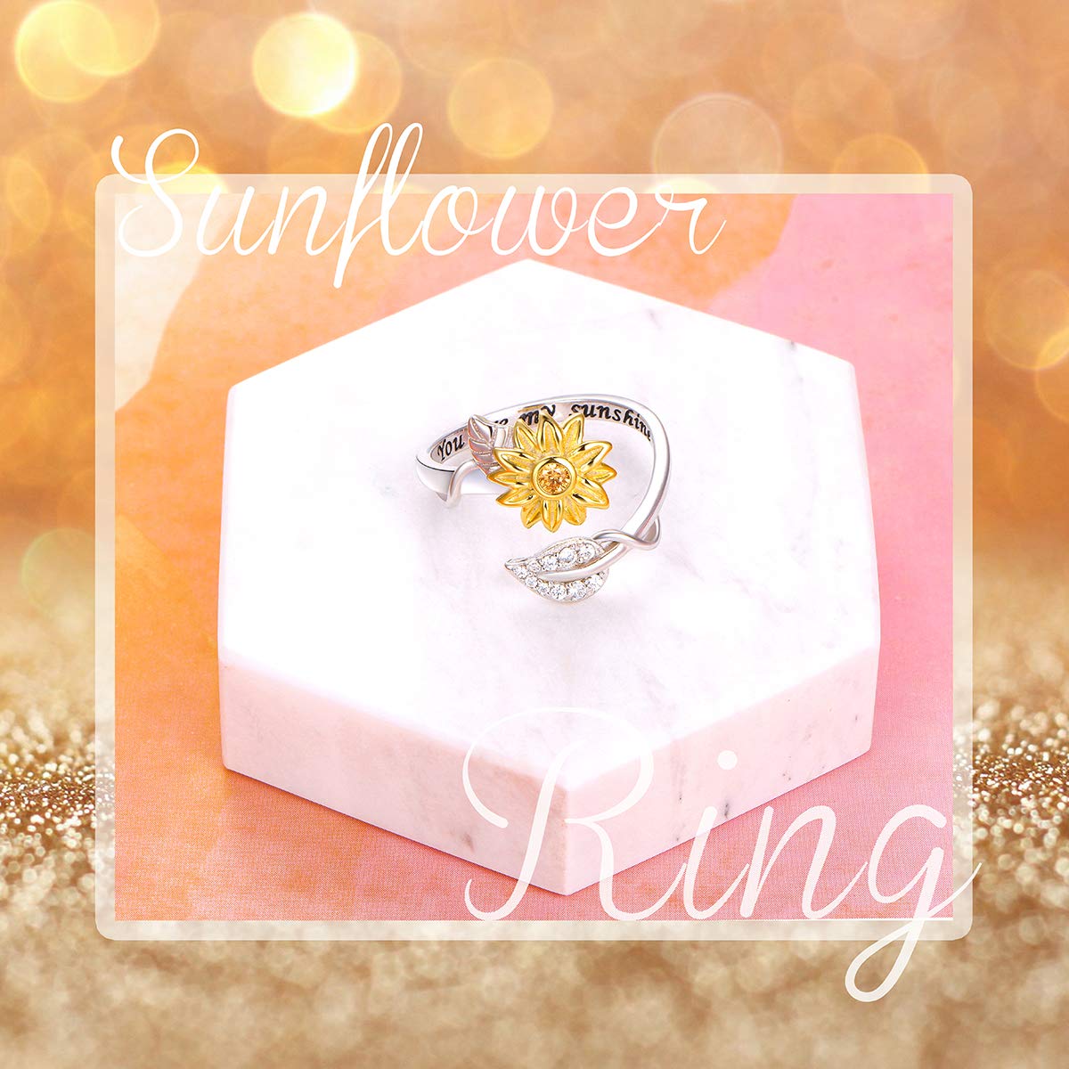 DAOCHONG Sunflower Ring Sterling Silver You are My Sunshine CZ Ring 100  Languages I Love You Stone Ring Fidget Anxiety Relieve Spinner Sunflowr Ring - Main Image