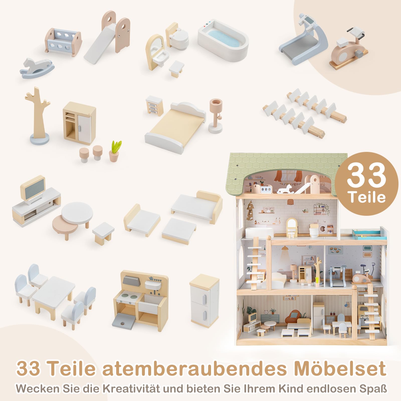 GOPLUS Drewniany domek dla lalek, domek dla lalek z 33 realistycznymi akcesoriami i meblami, 6 pokoi, balkon z basenem, 4-poziomowa willa marzeń, domek na zabawki o wysokości 80 cm dla dziewczynek i