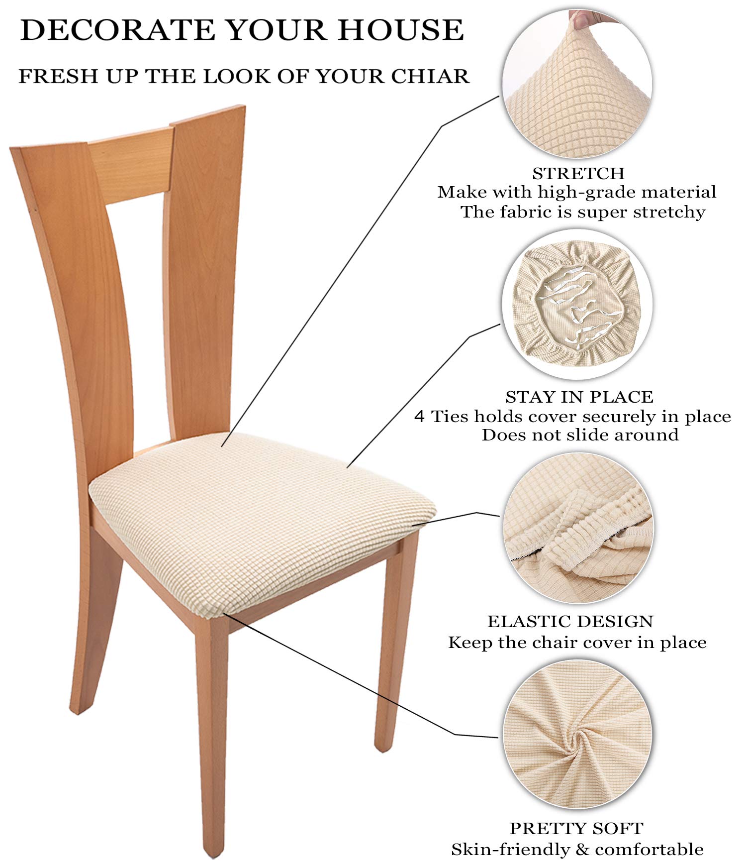 TIANSHU Fundas de Asiento de Silla Jacquard de Licra, ExtraíBles, Lavables, EláSticas, Fundas de CojíN para Sillas de Comedor (Paquete de 6,Beige)