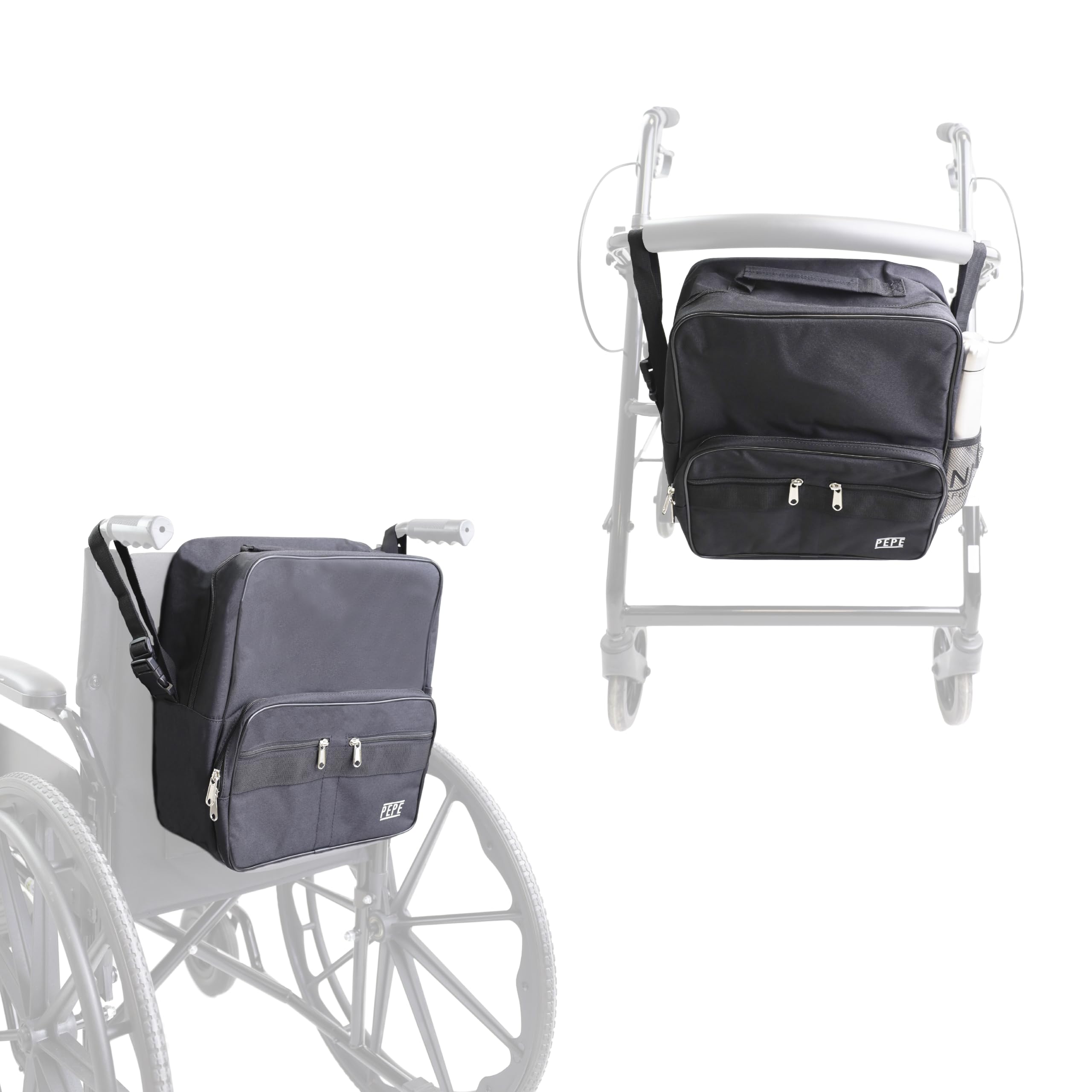 PEPE Mobility - Torba na wózek inwalidzki, plecak na tył wózka inwalidzkiego, pojemna torba do przechowywania akcesoriów do wózków inwalidzkich, wytrzymała, praktyczna, czarna