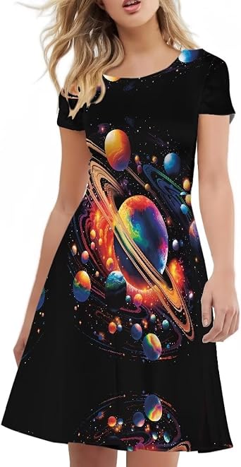 Women Short Sleeve Big Swing Round Neck Dress Casual High Waist A-line Midi Dresses for Summer Beach