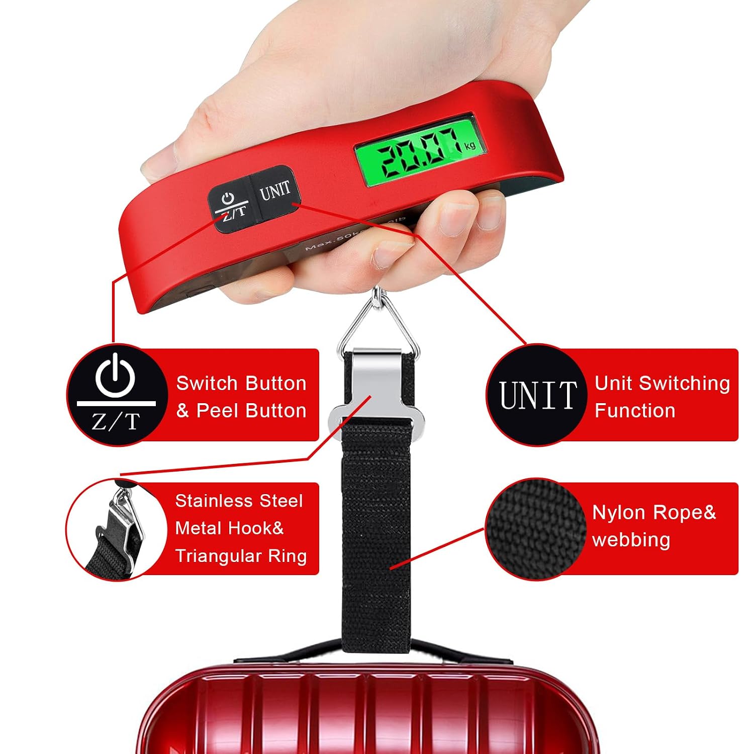 Luggage Scale, Portable Luggage Weight Scale with 2 Luggage Tags, LCD Weight Display and 4 Unit Switching Functions (Red)