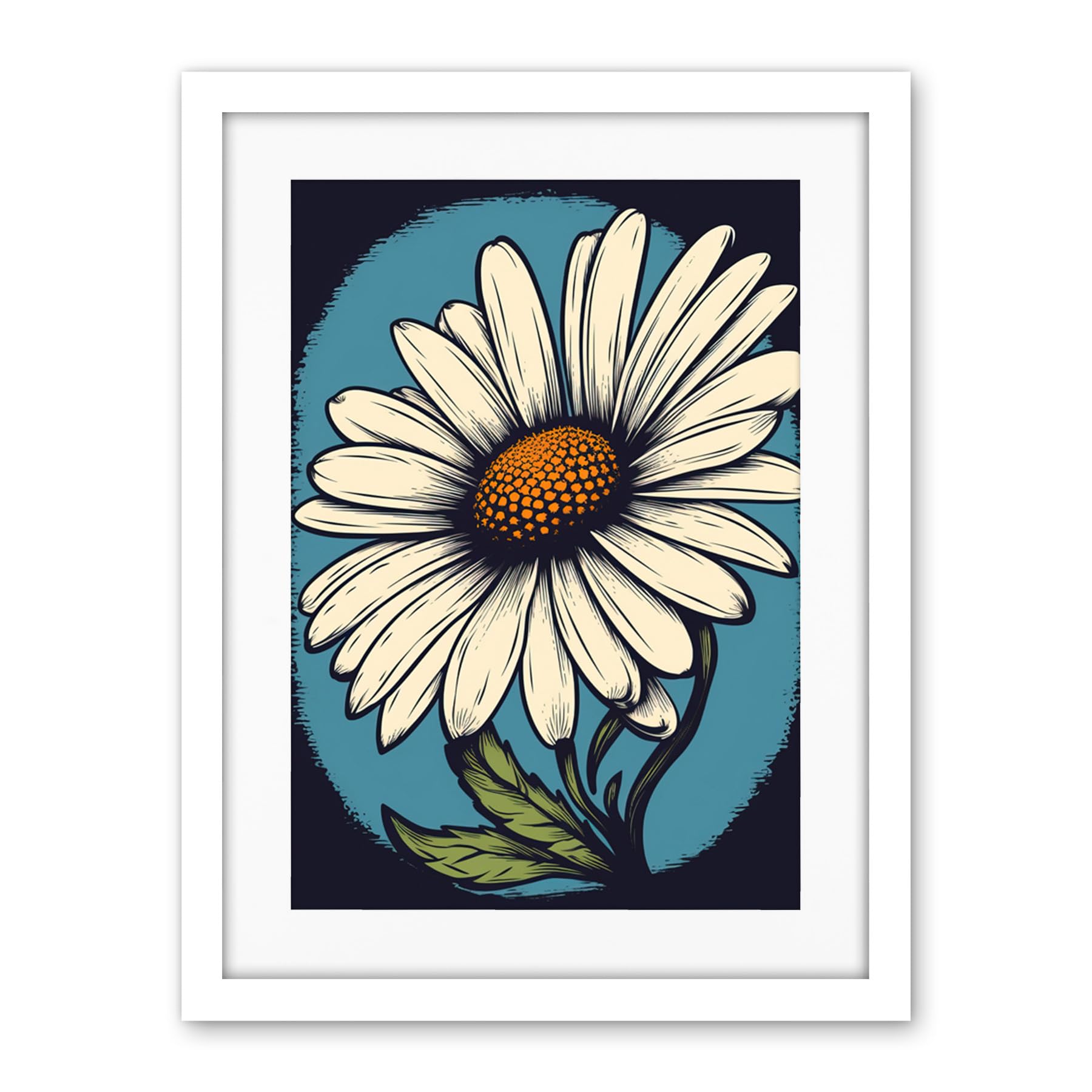 Artery8 A Single Daisy Flower Bloom Bold Rockabilly Americana 50s Artwork Framed Wall Art Print 18X24 Inch