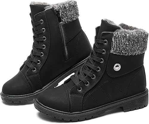 Botas de combate de piel sintética para mujer, con forro de piel cálida, botines negros con cremallera lateral, botas de invierno antideslizantes