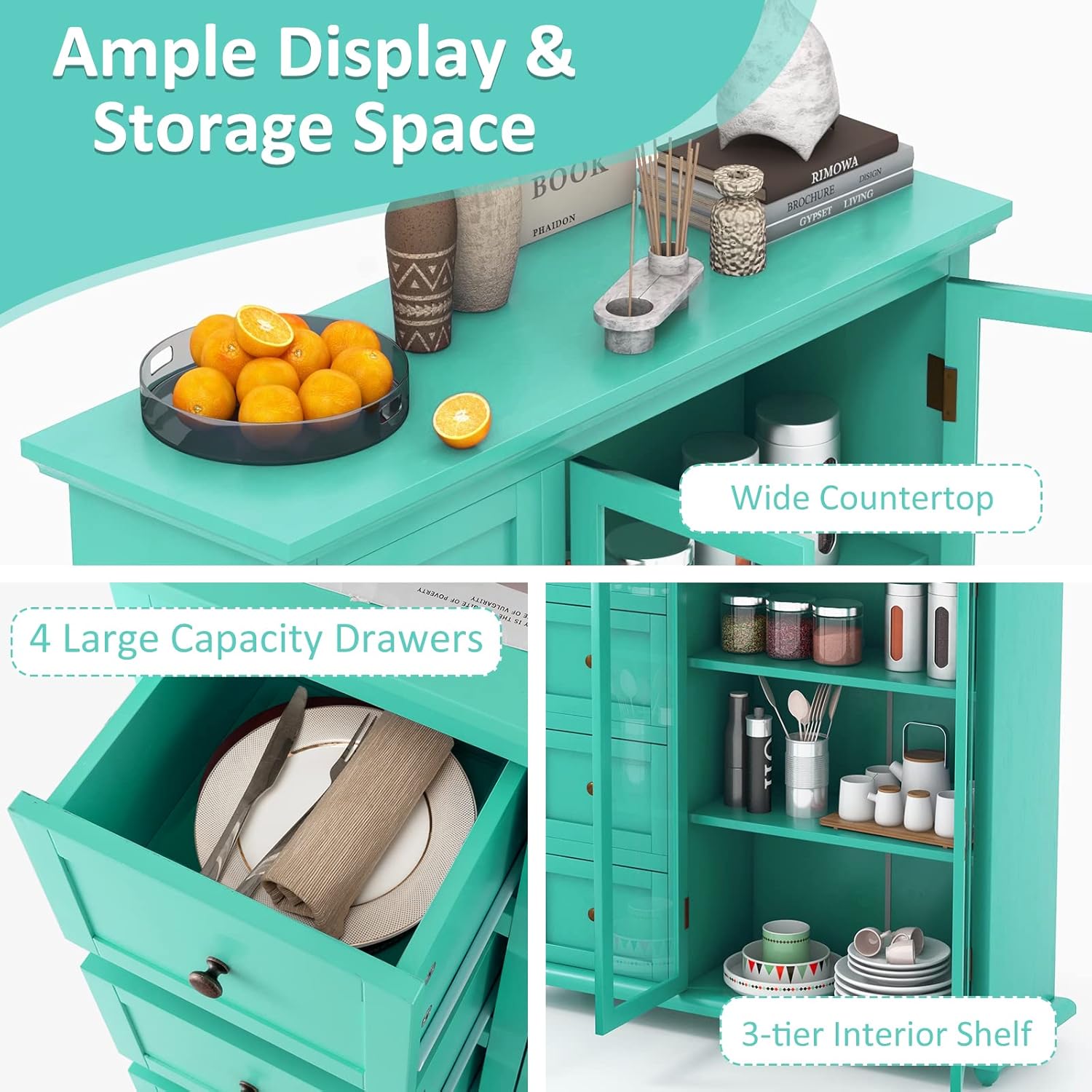 PETSITE Sideboard Buffet Storage Cabinet, Modern Credenza Coffee Bar Station Console Table Cupboard for Kitchen Entryway Dining Room, Green