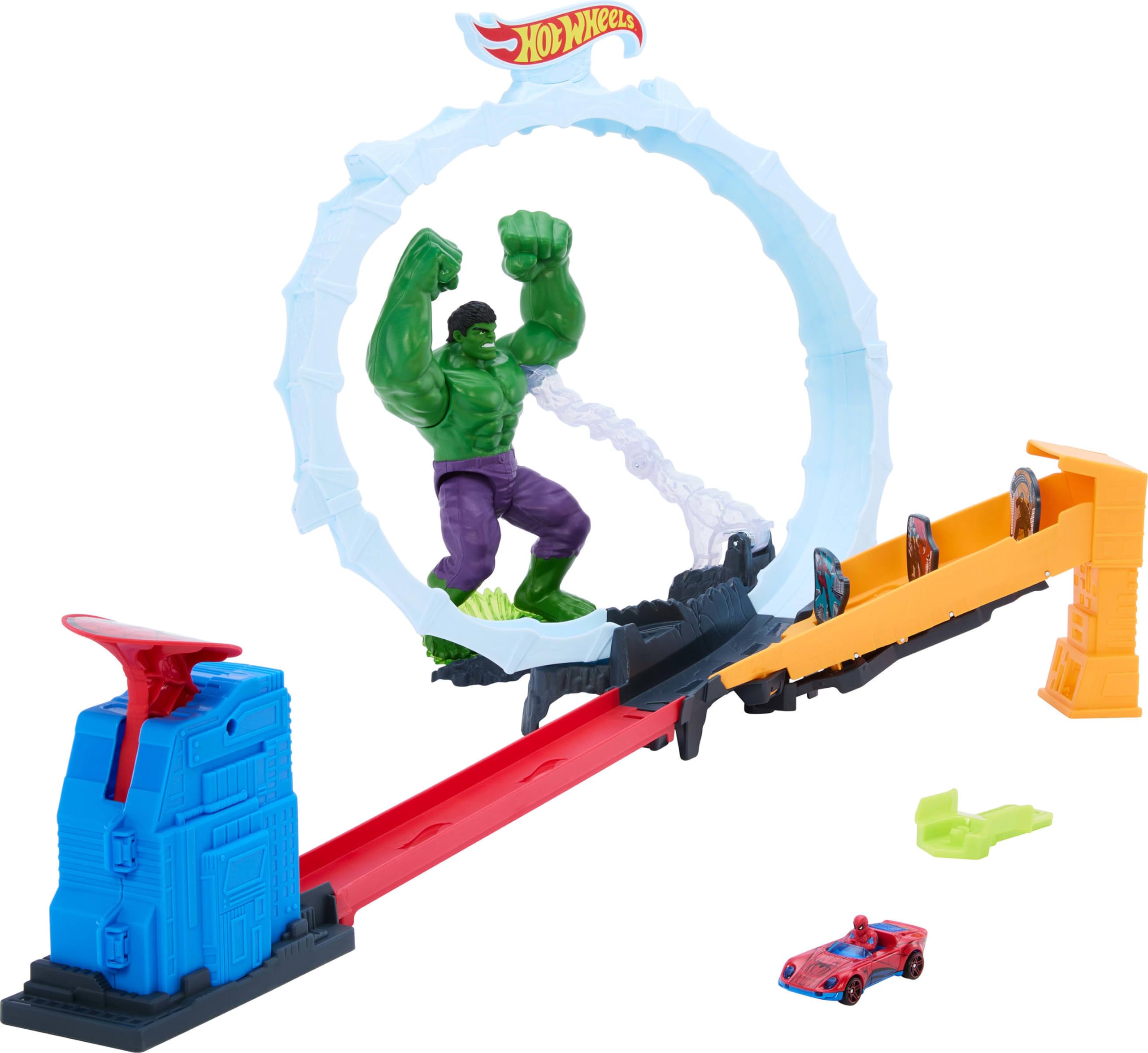 Hot Wheels Toy Car Track Set, Spider-Man & Hulk Smash Down Playset with 1 Die-Cast Superstar Speeders Vehicle, Race Through a Loop to Defeat Villains, JMR29