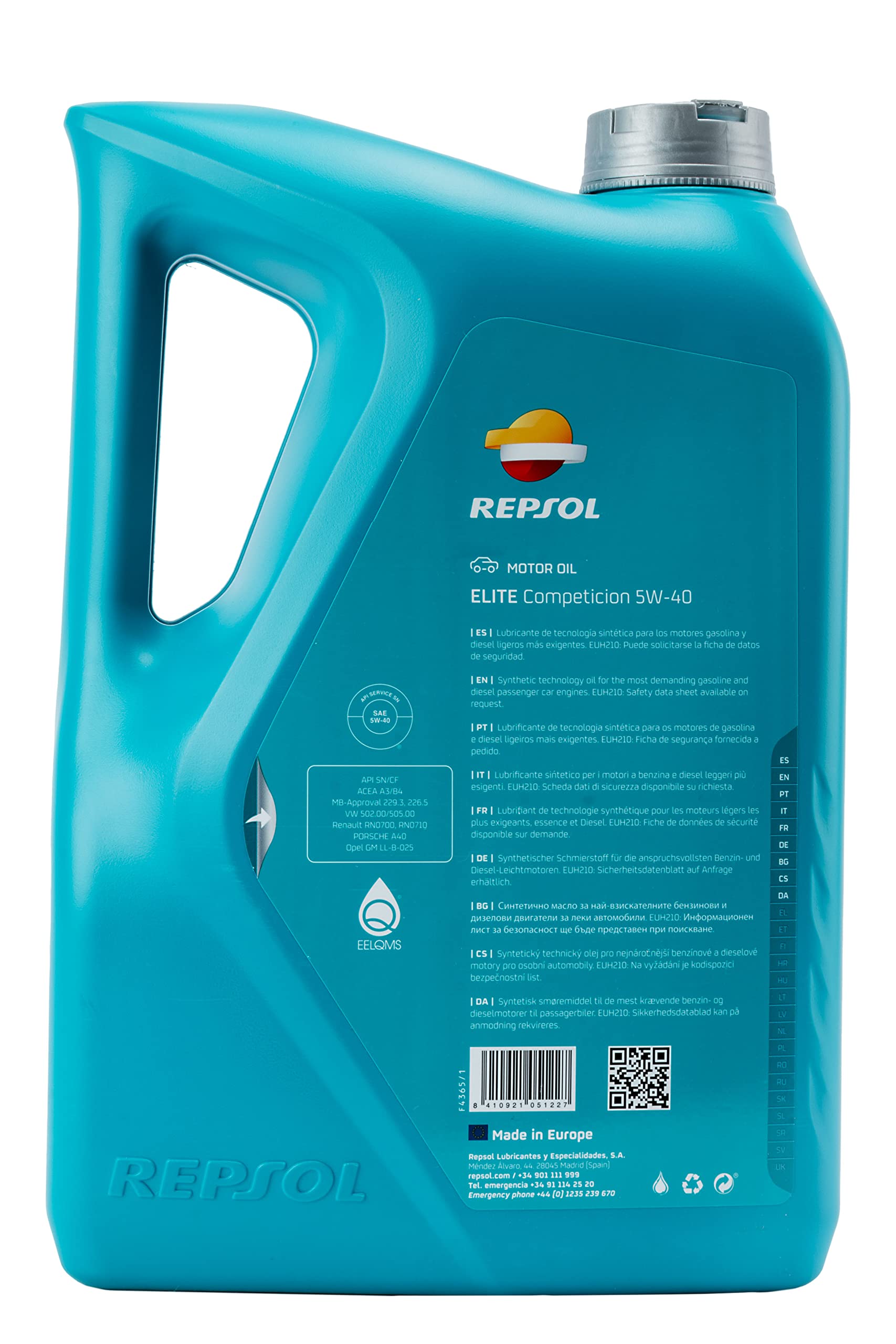 REPSOL Aceite de motor 5W-40 Elite aceite ACEA A3/B4 API SN API CF Competition 5L Compatible con VW Polo V Hatchback 6R1, 6C1 up! Hatchback 121, 122, BL1, BL2, BL3, 123 Passat B8 Variant 3G5, CB5