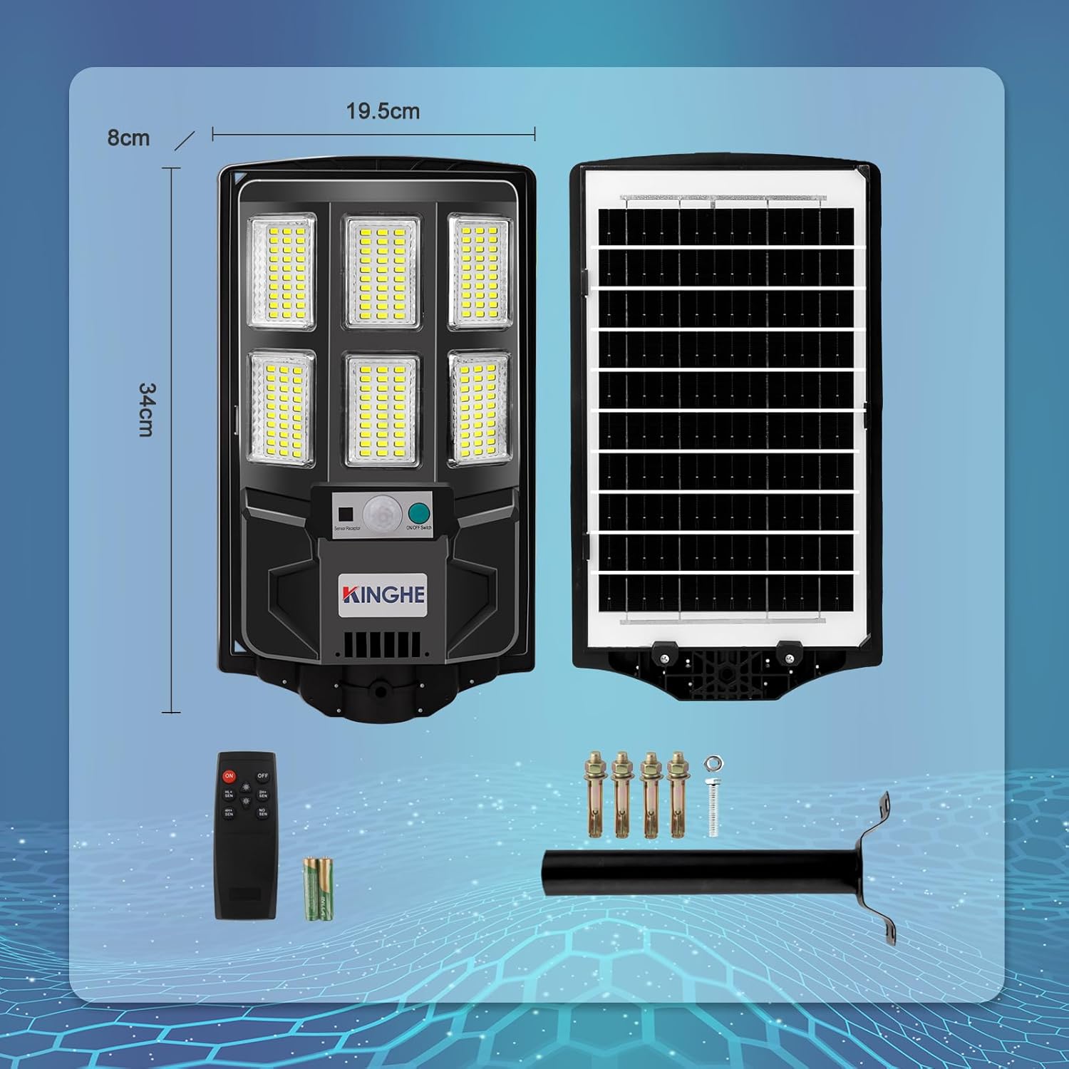 KingHe Solar Street Light demonstrating motion sensor functionality, increasing brightness when a person is detected.
