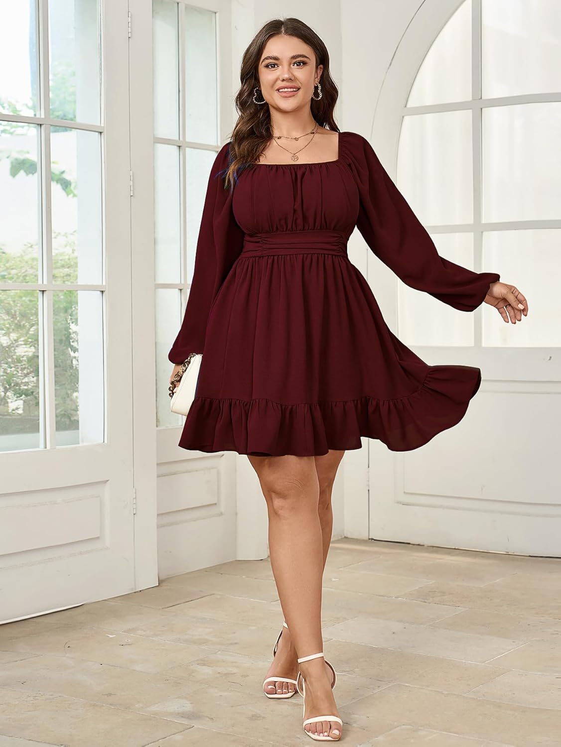 Womens Plus Size Dress Long Lantern Sleeve Square Neck Elastic Waist A-Line Mini Short Dress - Image 5