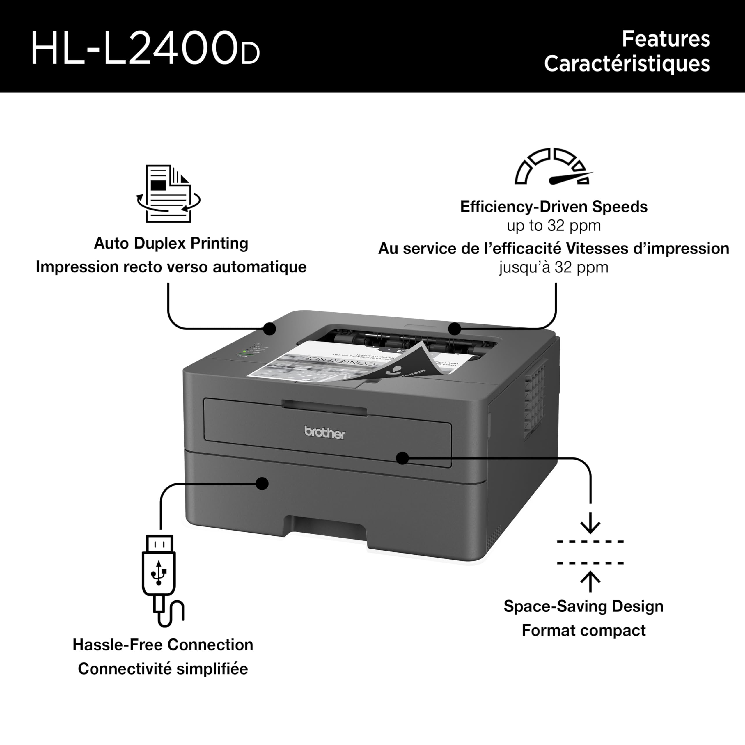 Brother HL-L2400D Compact Monochrome Laser Printer with Duplex Printing, USB connectivity (Cable Sold Separately), Black & White Output - 4