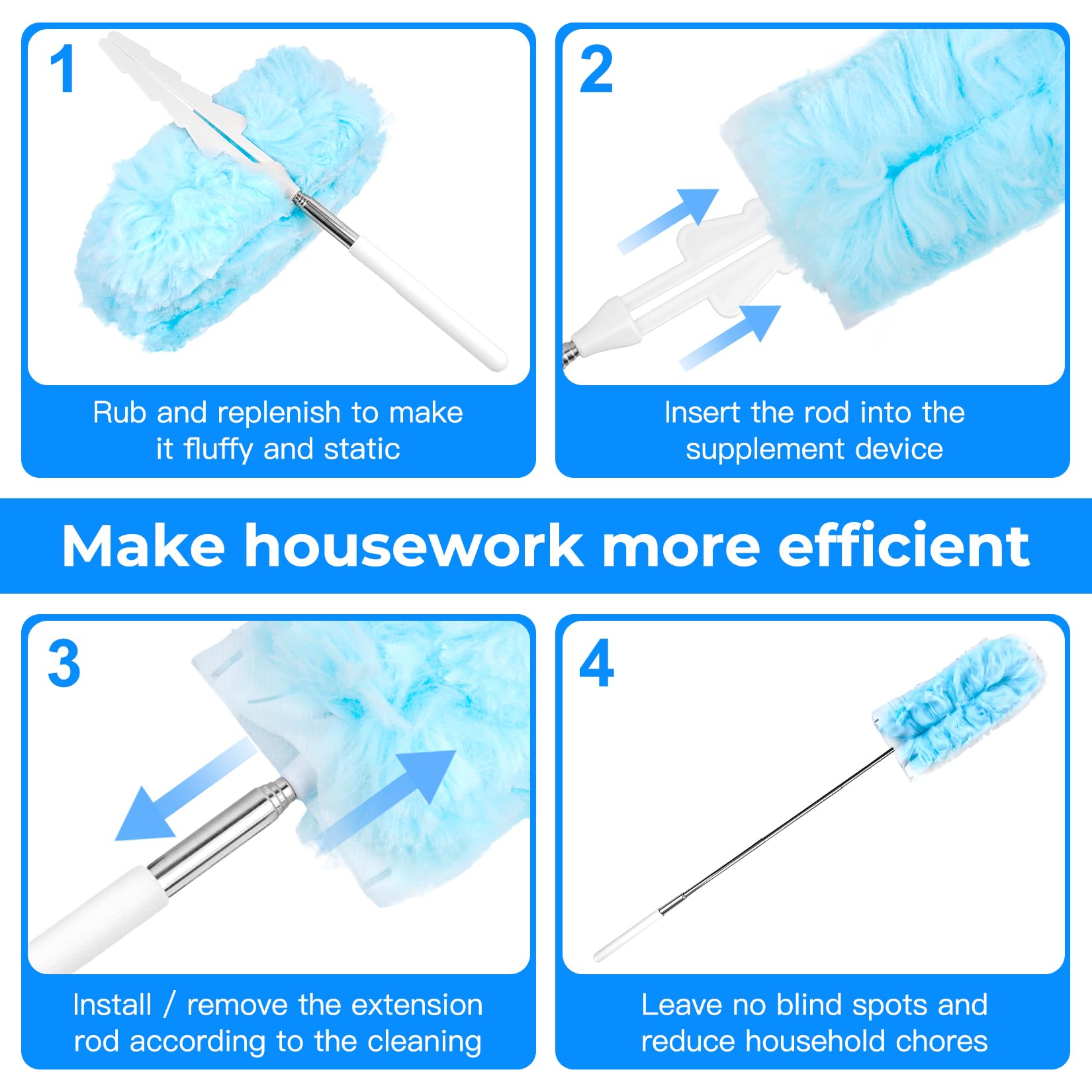 12 Pcs Recambio Plumero Atrapapolvo Recambios Kit, Paños de Repuesto con Imán para Polvo, Plumero Plano Extensible de 360°, para Pelo de Mascotas y Suciedad (10 Paños, 2 Mango Telescópico)