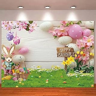 Fanghui 8x6ft Spring Happy Easter Photo Backdrops for Studio Baby Shower Party Portrait Banner Photography Bunny Rabbit Garden Grass Rustic Wood Background Flowers Grass Easter Eggs Props