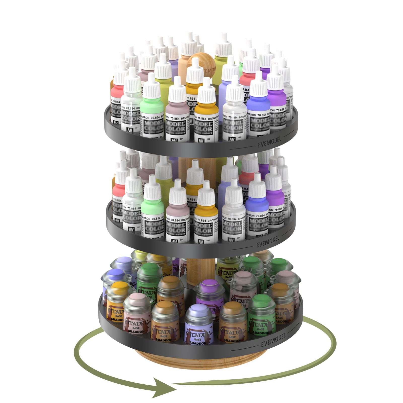 Evemodel Organiseur rotatif pour peinture - Support rotatif pour bouteilles de pigments - Support de bureau (2 couches petites et 1 couche de grands trous)