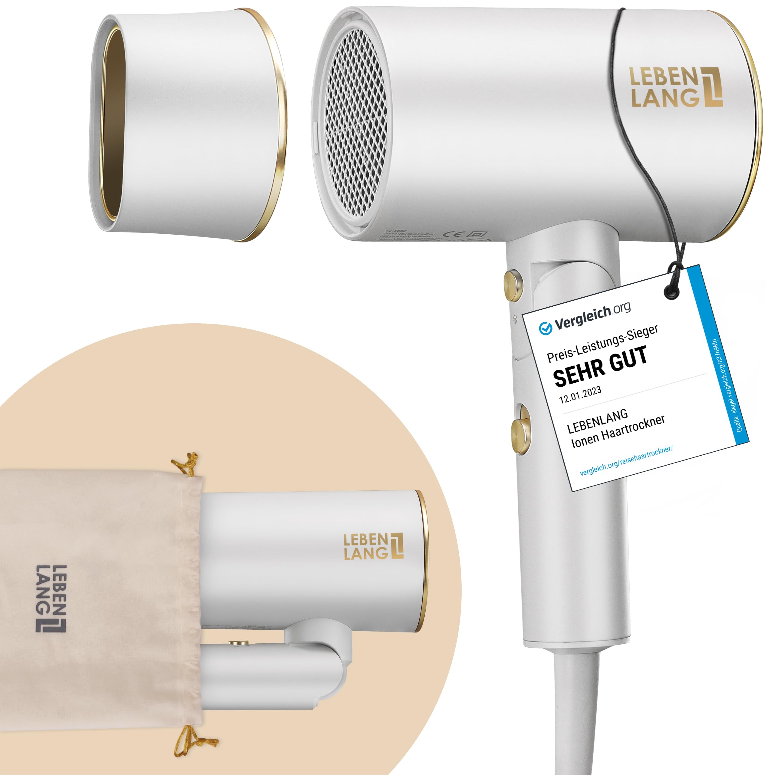 LEBENLANG Föhn Haartrockner Ionen 2100W - Anti-Spliss mit Kaltluft Modus | Reisefön klappbar klein & Zubehör | Reise Hair Dryer Ion Haarfön Reiseföhn Foehn Haarföhn Hairdryers Dryers Hairdryer
