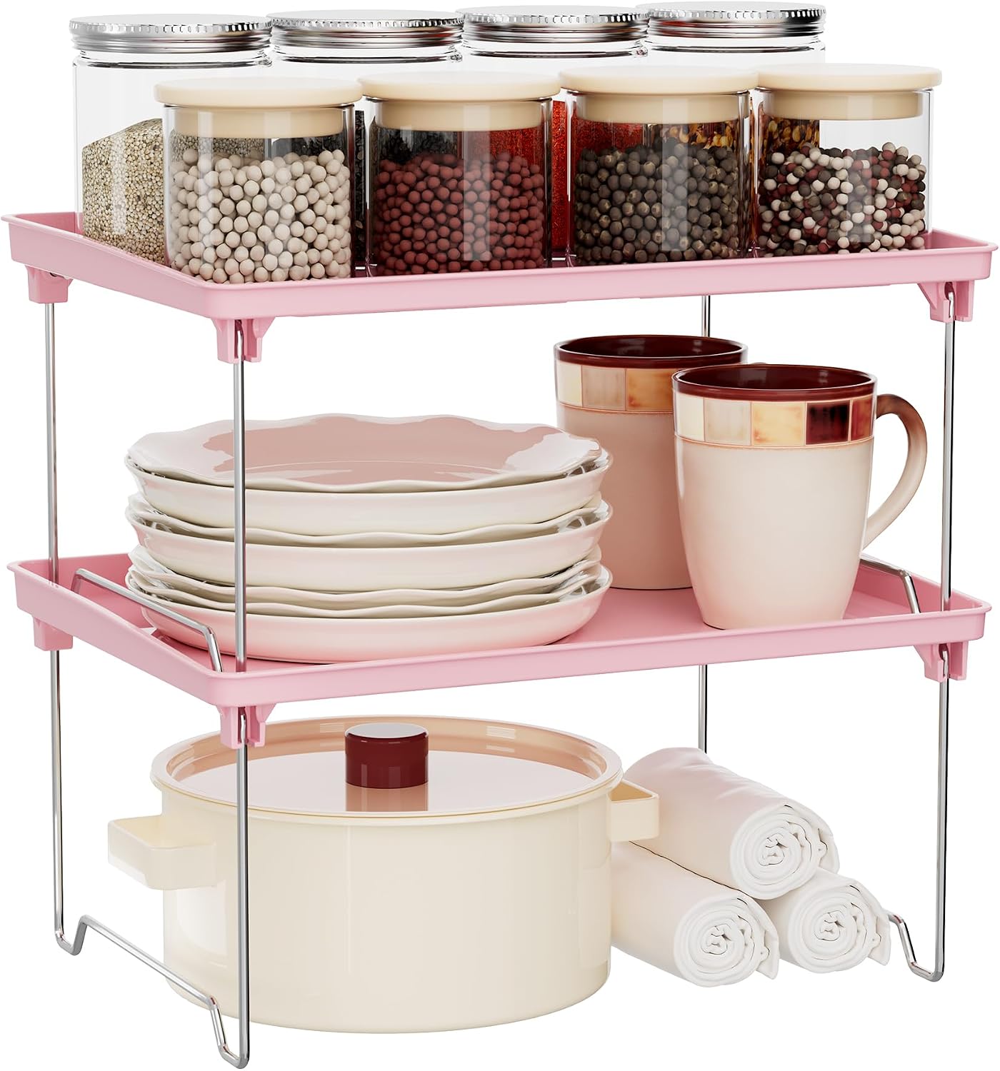 STARLATTA 2 Pcs Cabinet Organizer Shelf, Stackable Kitchen Counter Shelves, Spice Rack,Countertop Organizers, Clear Plastic Storage Shelves Rack for Makeup,Bathroom,Cupboard,Desk,Pantry Organization
