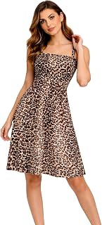 Schsteindar Girl's Leopard Print Knee Lenth Dress, Square Neck, Spaghetti Strap, A-Line Fit and Flare Style Price In India