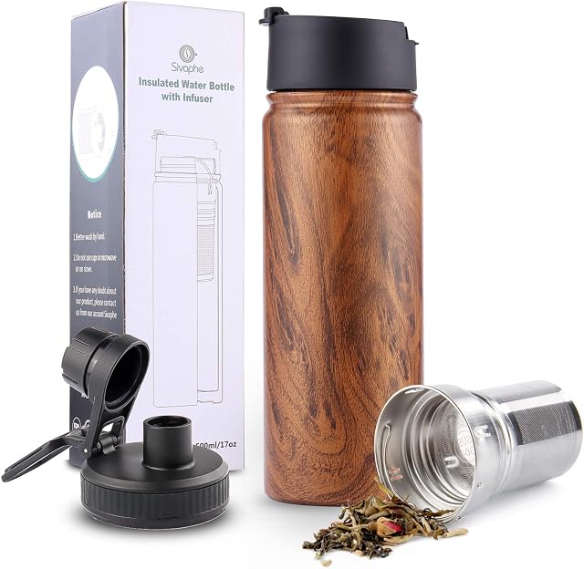 Sivaphe Insulated Water Bottle with Tea Filter Fruit Strainer Flask Stainless Steel Double Walled Vacuum for Camping Sport Home 500ml Christmas Gift Wood Pattern 2 Lids