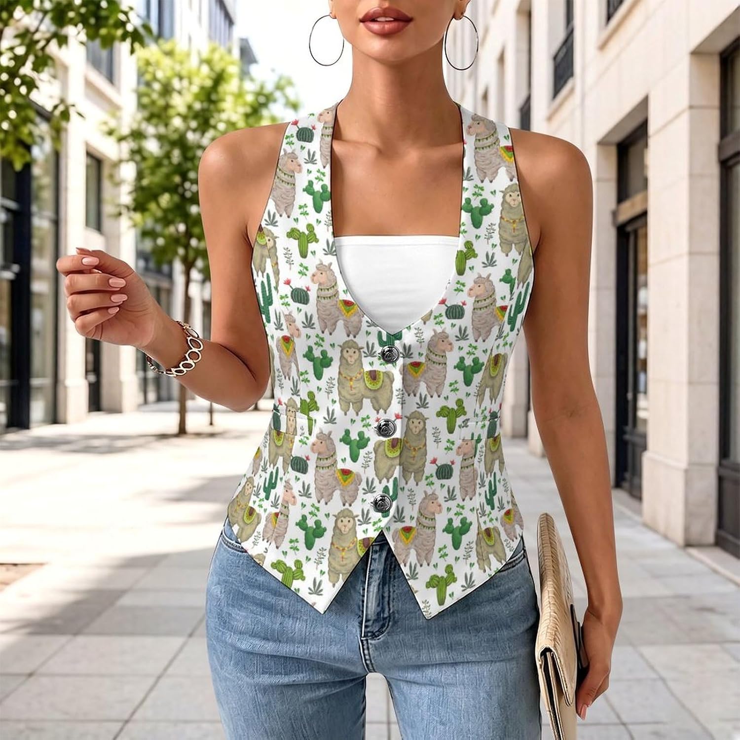 Boho Alpaca Cactus Pattern Women's Suit Vest V Neck Button Down Waistcoat Jacket Business Casual Tops