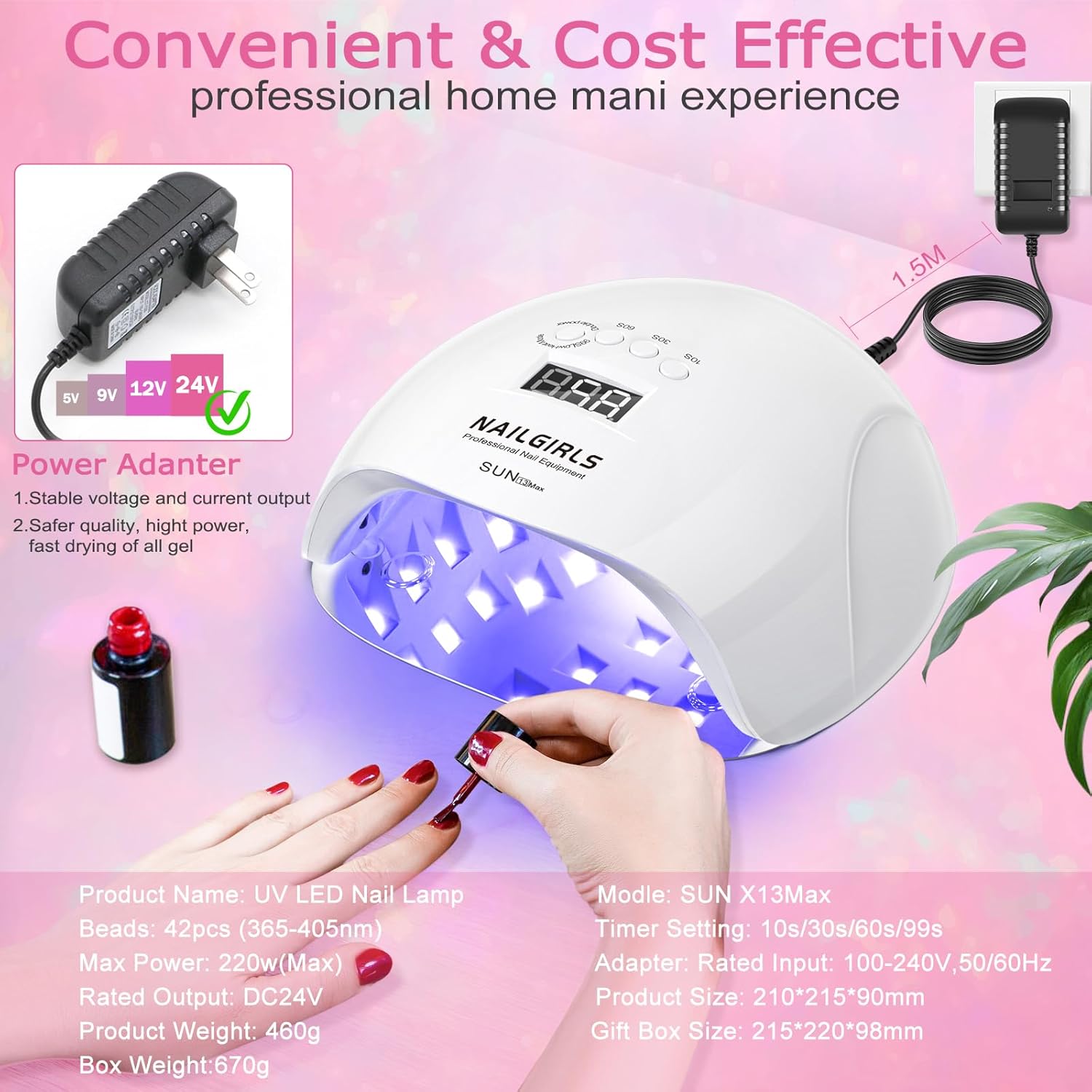 NAILGIRLS UV LED Nail Lamp, 220W, White, 42 UV+LED Beads, 4 Timer Settings, Auto Sensor, Professional Nail Light Curing, Gel Polish, Salon & Home