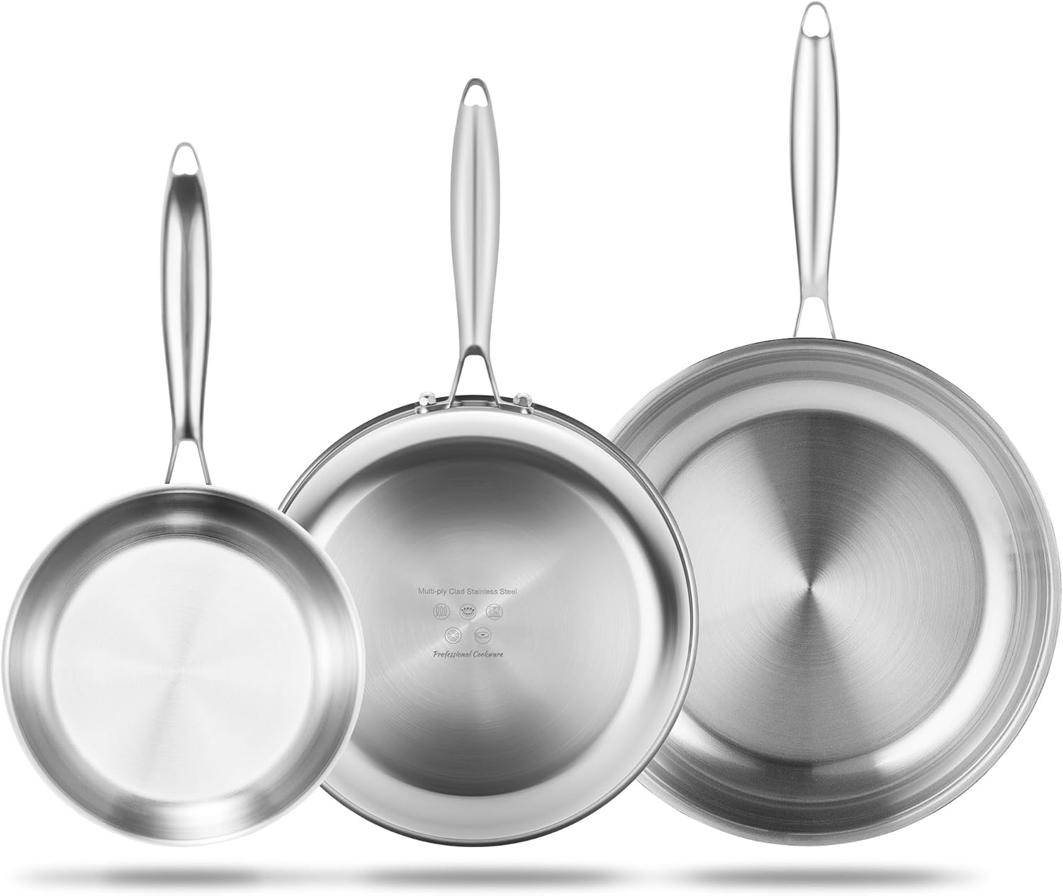 SuperCook 3-Piece Tri Ply Stainless Steel Frying Pan Set, 8"/10"/12" Stainless Steel Frying Pans, Stainless Skillet Pan, Sauté Pans, Non-Toxic, Multiclad, Induction Oven Compatible, Dishwasher Safe