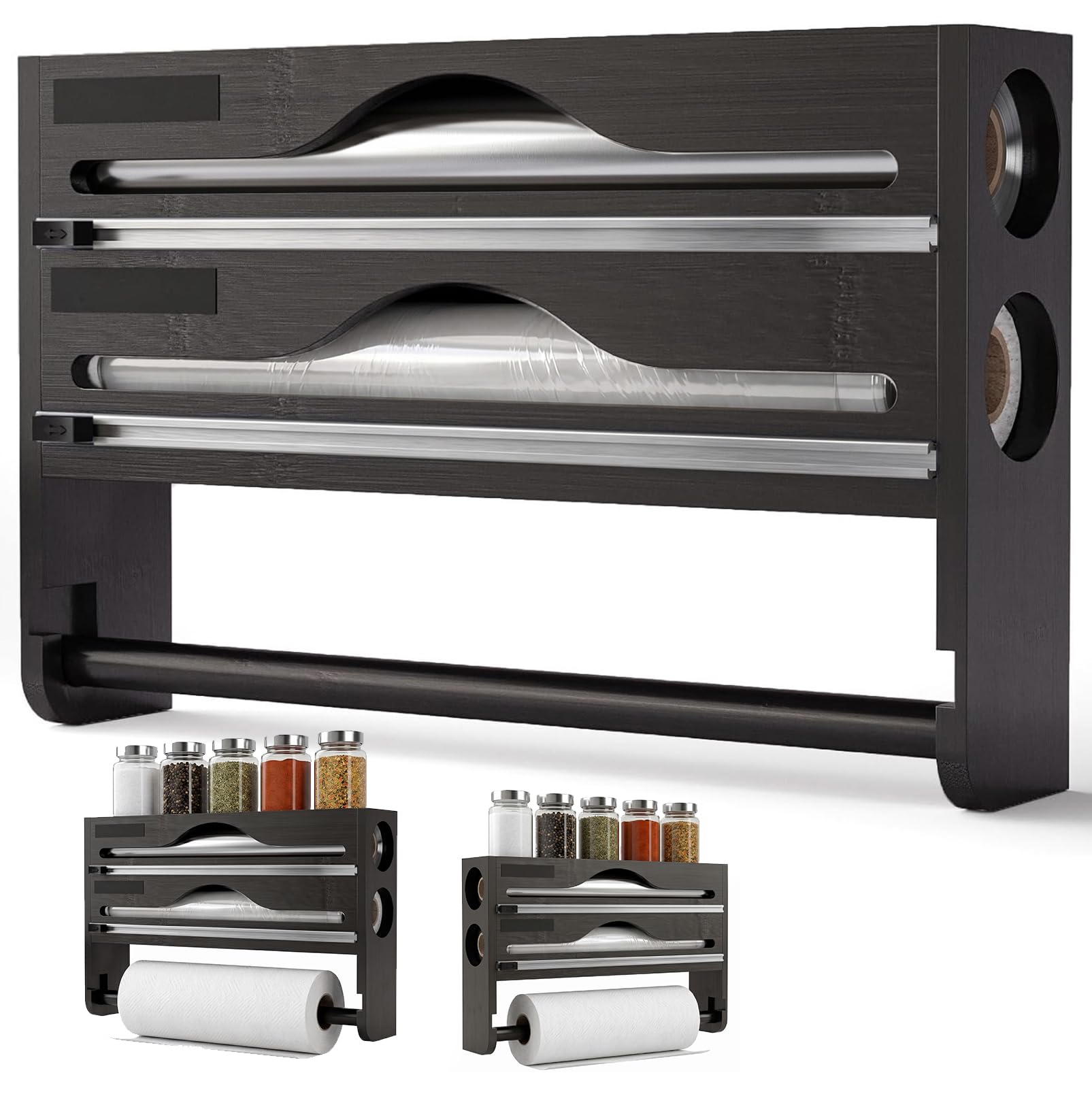 Portarotolo da cucina 3 in 1 in legno, dispenser di pellicola in alluminio e contenitore salvafreschezza, dispenser di pellicola salvafreschezza con coltello scorrevole, porta rotolo da parete da