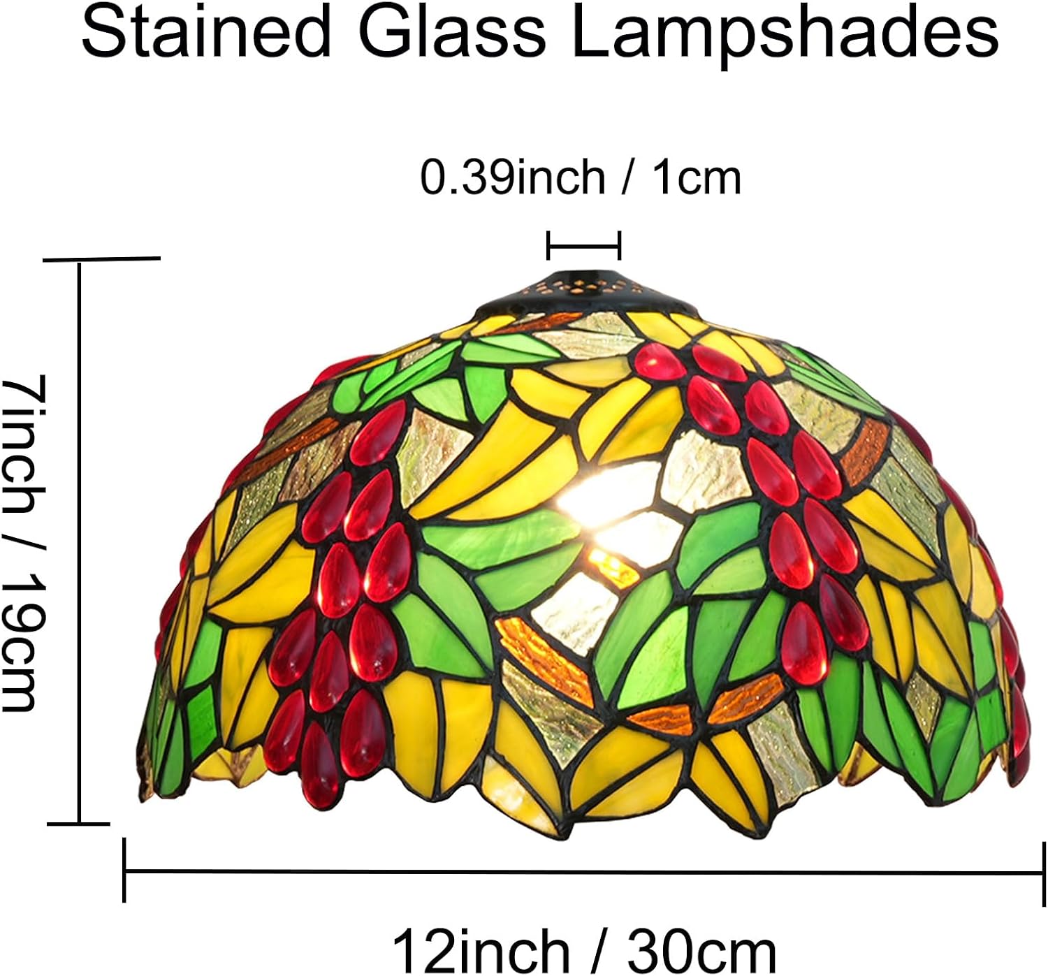 Tiffany Lamp Shade 12" Wide Accessories Replacement Only Grape Stained Glass Lampshades Vintage Red Glass Beads Green Leaves Light Cover for Table Lamp Pendant Light Desk Ceiling Fixtures,A