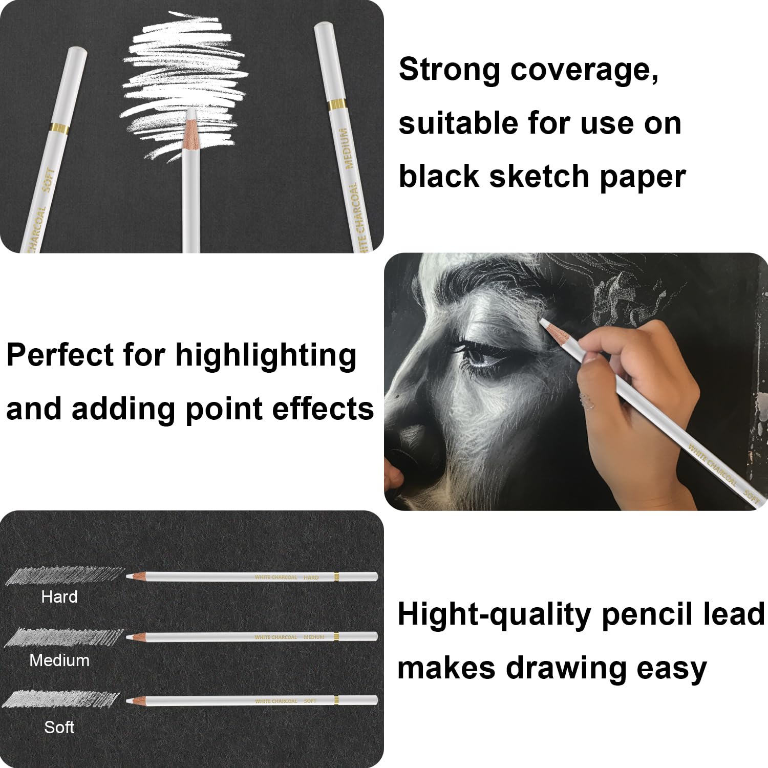 Aenir Lápices de carbón blanco, paquete de 12 lápices de dibujo de carbón, lápices de carbón para artistas, suministros de arte para dibujar y resaltar, lápices de carbón para dibujar, bocetos,