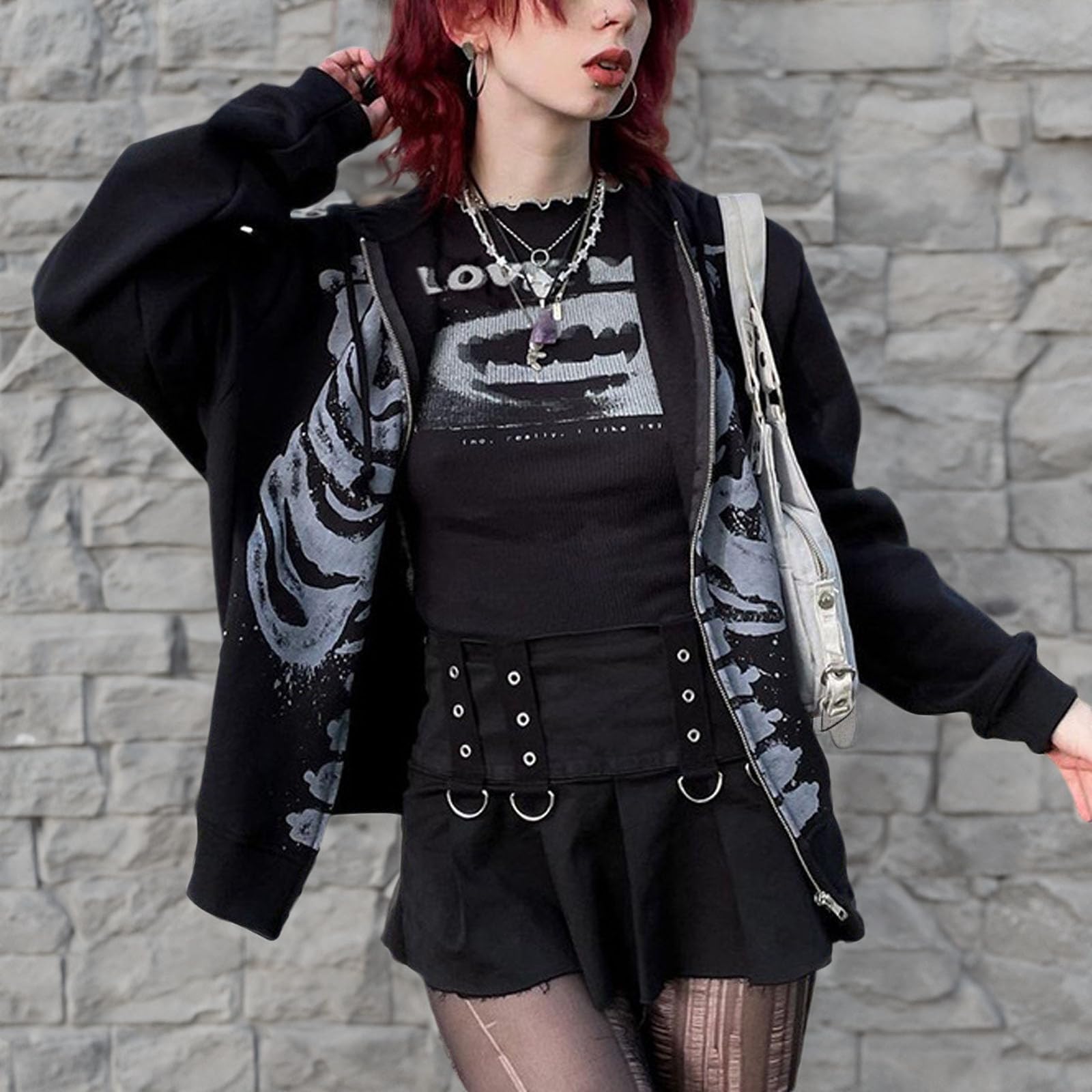 Yuemengxuan Y2K Damen-Kapuzenpullover mit Reißverschluss, langärmelig, Harajuku, Punk, Grunge-Top, übergroß, Vintage-Stil, Streetwear