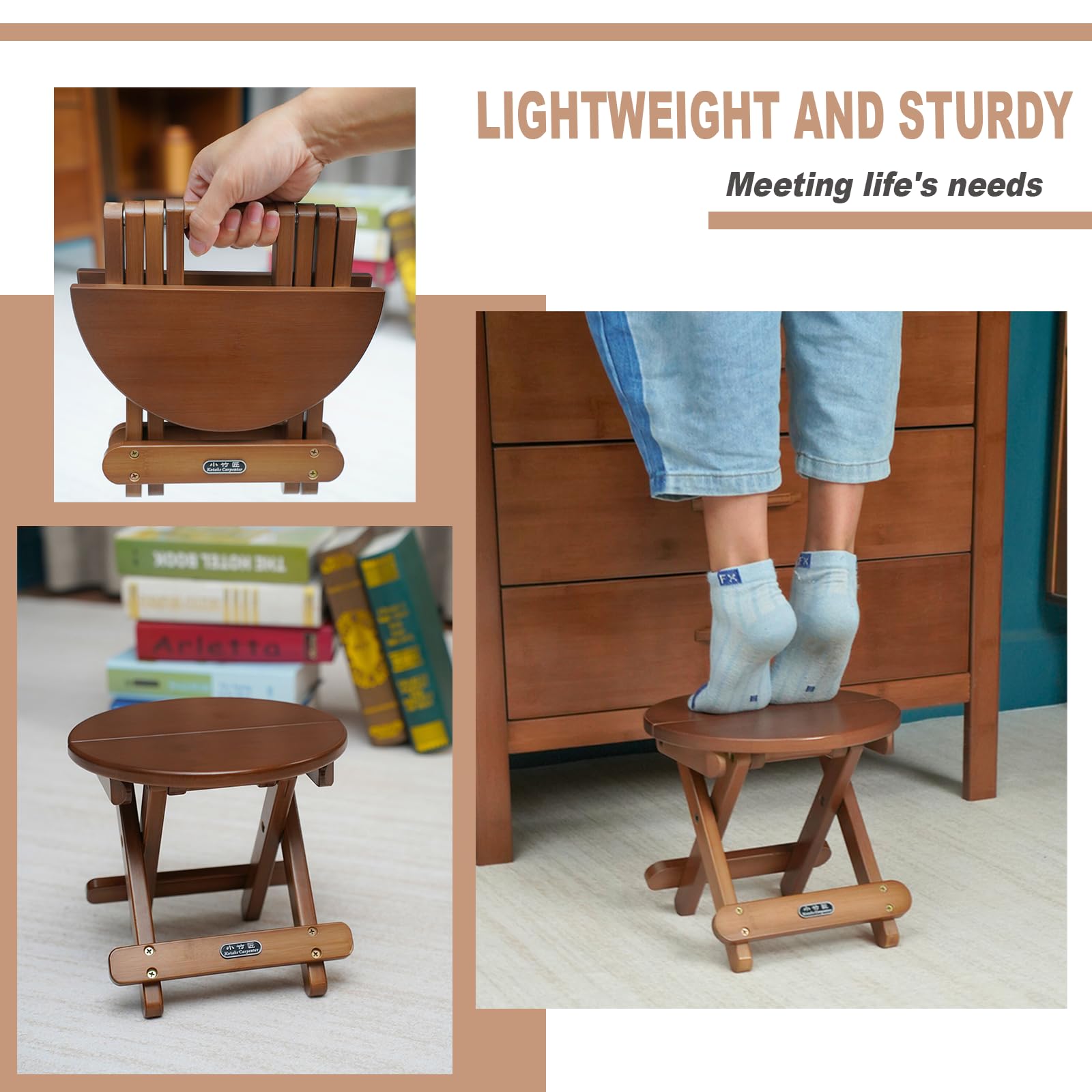 Drewniany taboret z litego drewna, okrągły, krzesło dziecięce (R*24 cm, wys. x 22 cm), składany, przenośny, łatwy do przechowywania