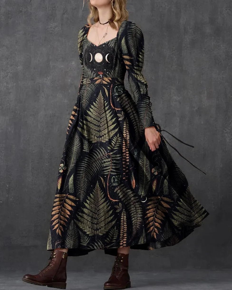 Womens Black Floral Dresses Gothic Celestial Maxi Sundresses Long Sleeve Casual Boho Flowy Dress Valentines Outfit - Image 2