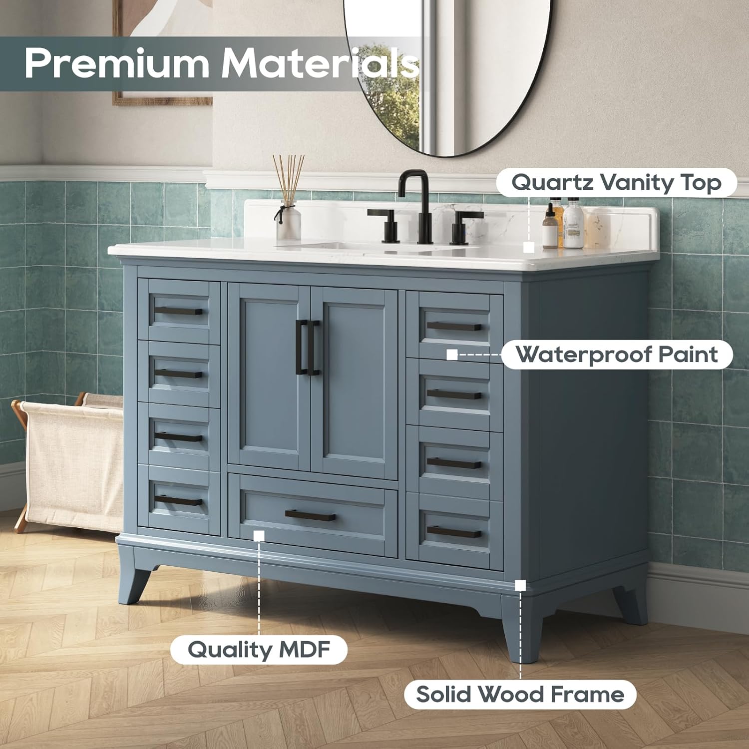 48 Inch Bathroom Vanity with Sink, Modern Steel Blue Bathroom Vanities with Soft Closing Doors & Dovetail Drawers, Quartz Countertop, No Assembly Required