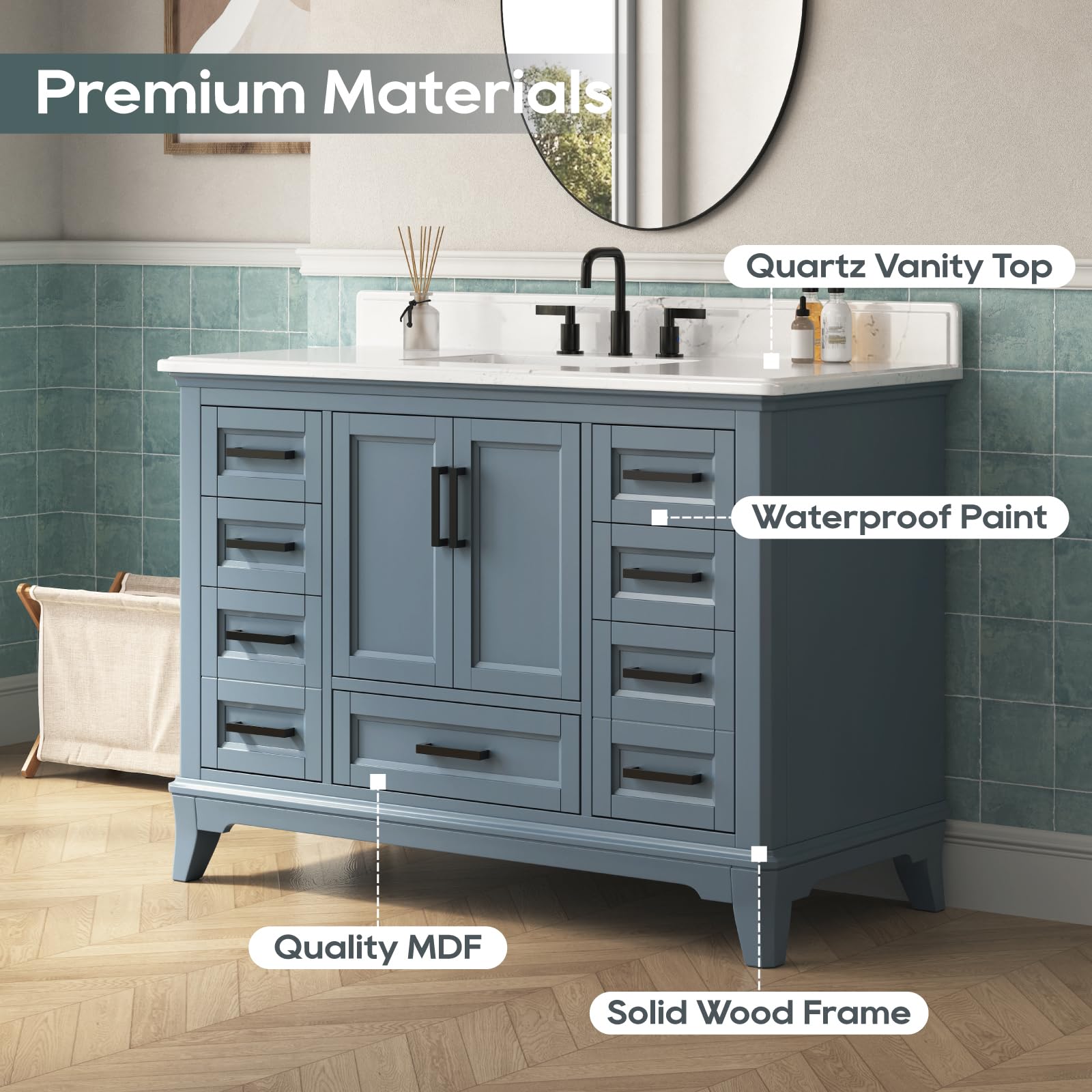 DELUXELIVING 48 Inch Bathroom Vanity with Sink, Modern Steel Blue Bathroom Vanit - product photo
