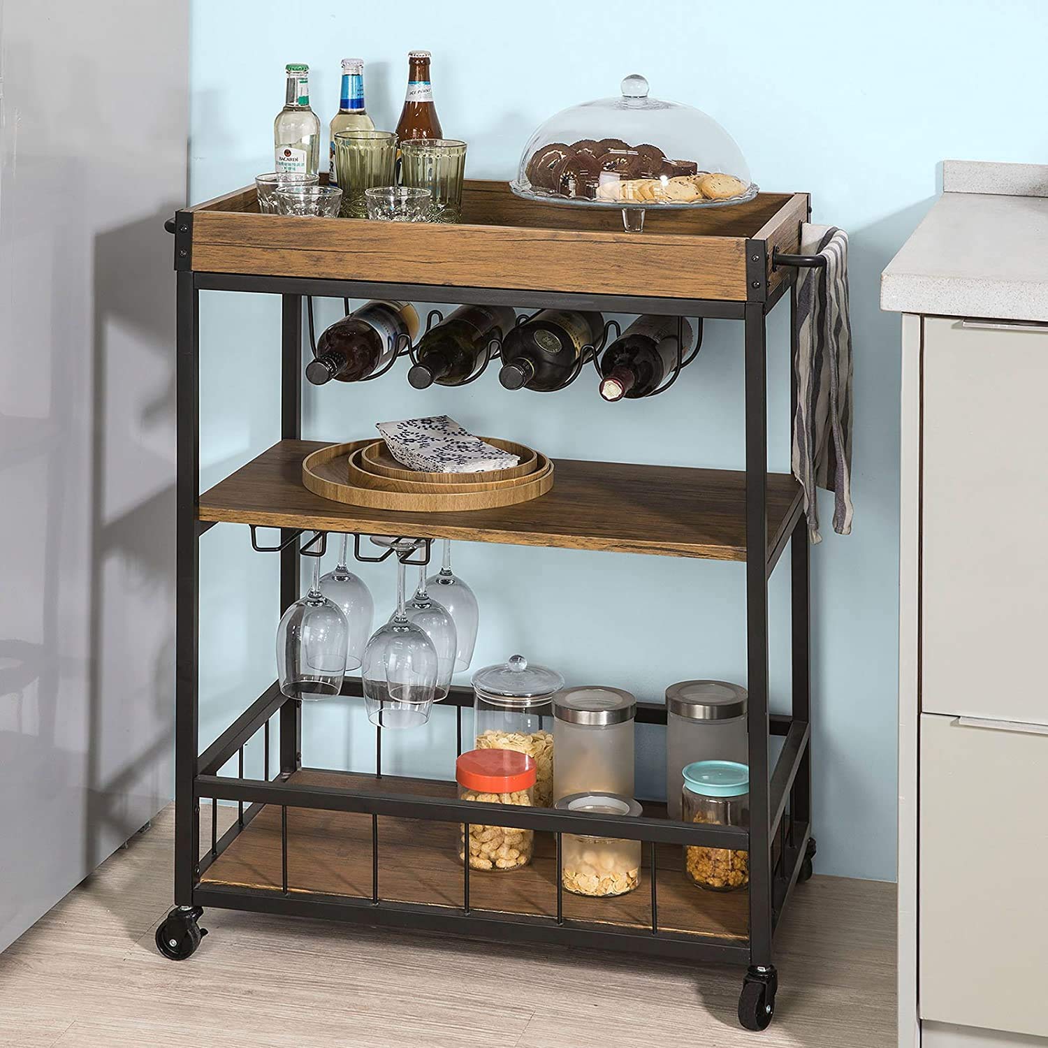 Bar Cart, Kitchen Serving Cart on Wheels with 3Tier Storage Shelves