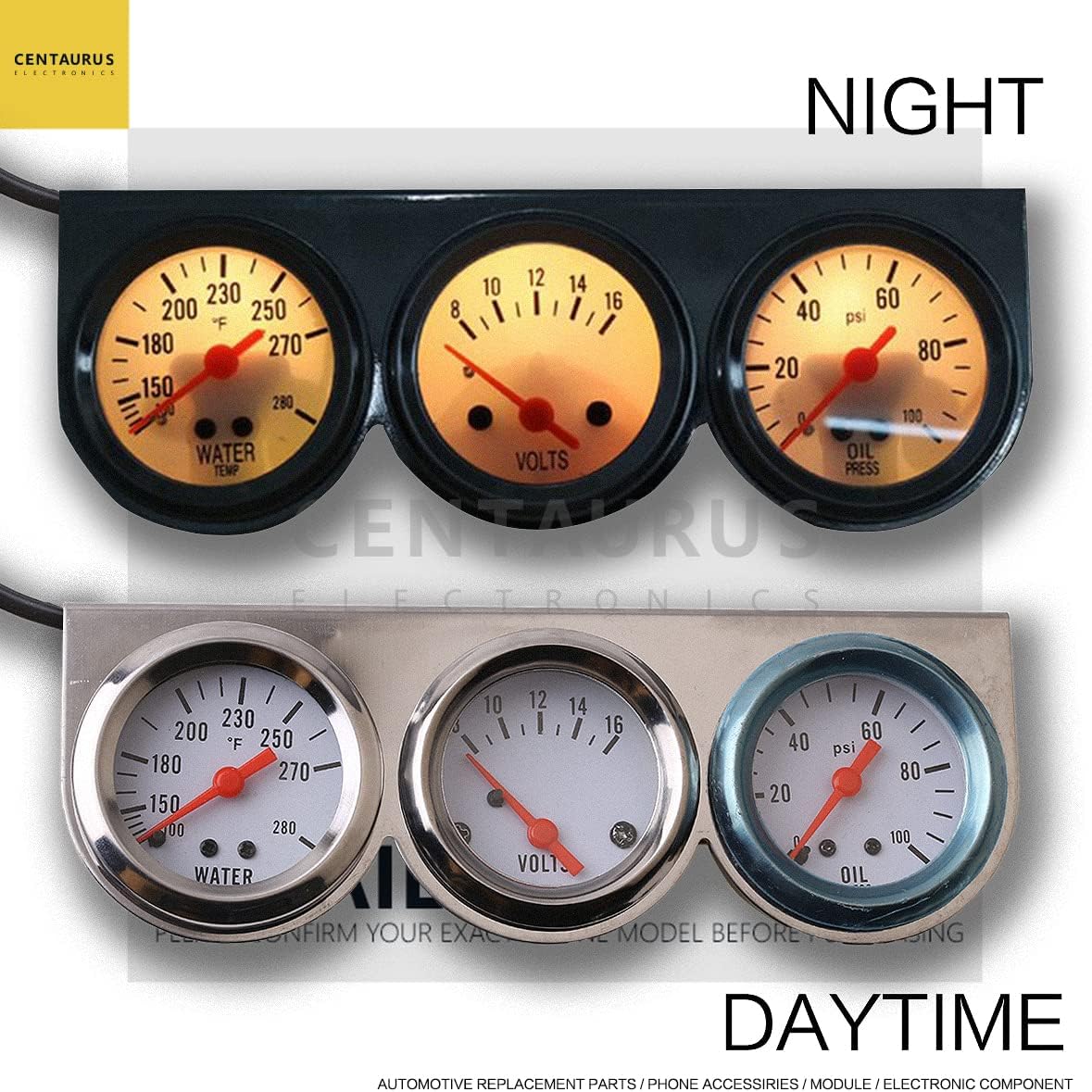 CENTAURUS 3 in 1 Car Meter Auto Gauge Triple Gauge Kit,Voltage Gauge Water Temp Gauge Chrome Oil Pressure Sensor 12V 52mm（Voltmeter + Water Gauge + Oil Press Gauge)