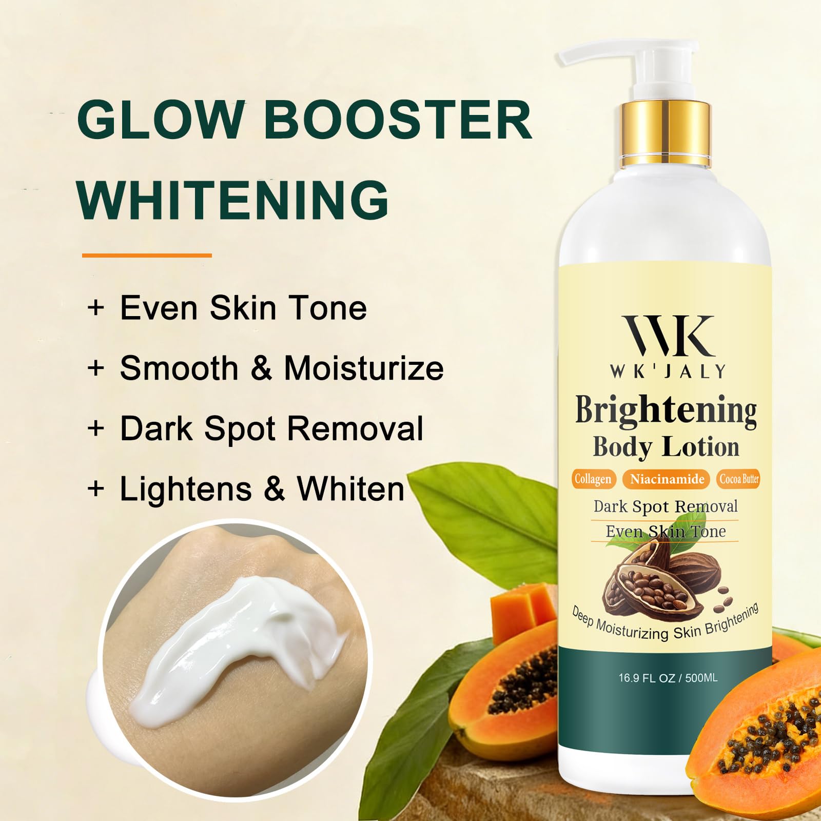 WK JALY Collagen Whitening Body Lotion, Remove Dark Spots, Melanin, Moisturizer, Smooth Skin, With Natural Papaya, Niacinamide, 500ml, (Pack of 3)