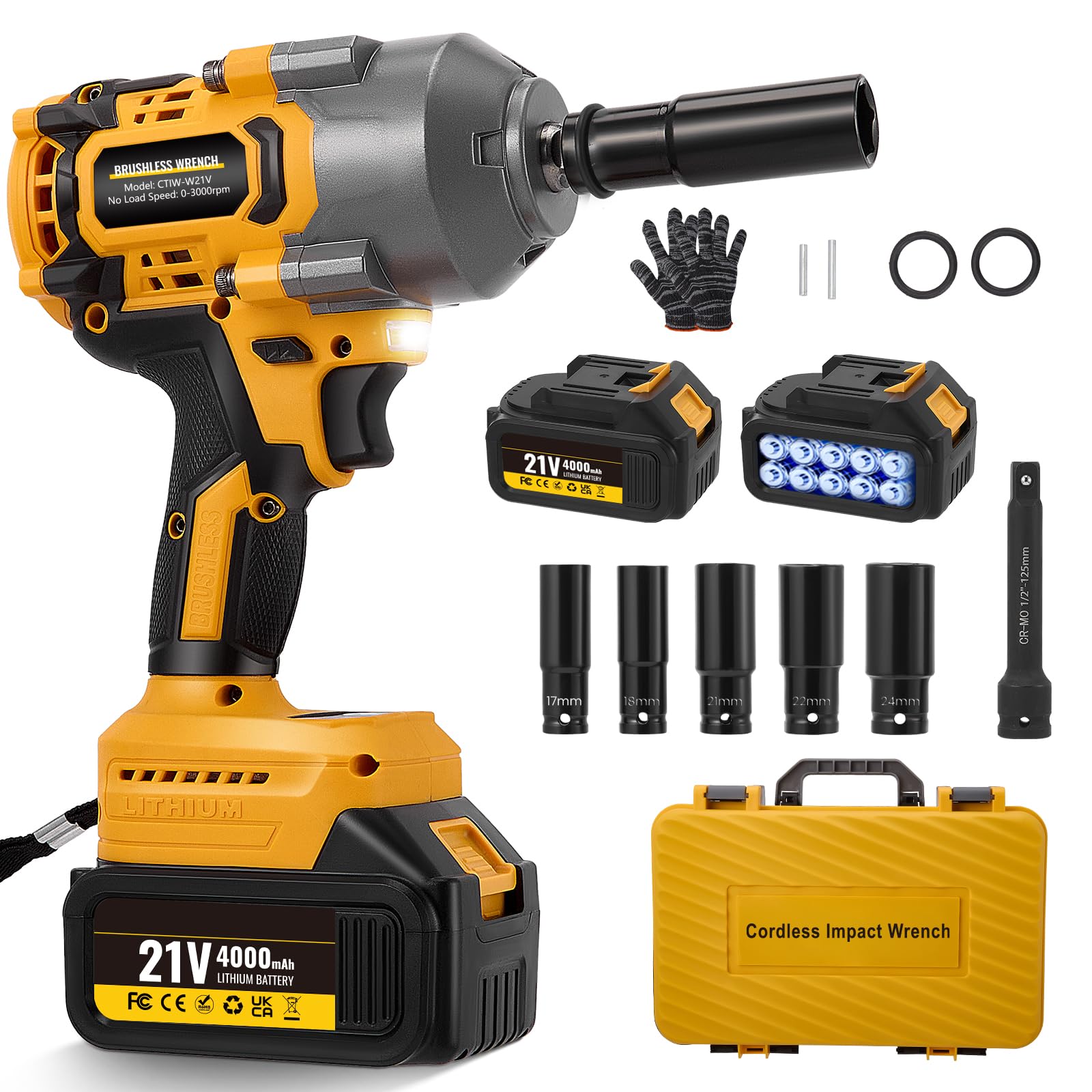 Avvitatore a Impulsi 1200NM 1/2'' 21V 3000RPM Chiave a Percussione ad Alta Coppia 2x 4.0Ah Batteria 3 Livelli di Velocità per Auto, DIY, Tosaerba