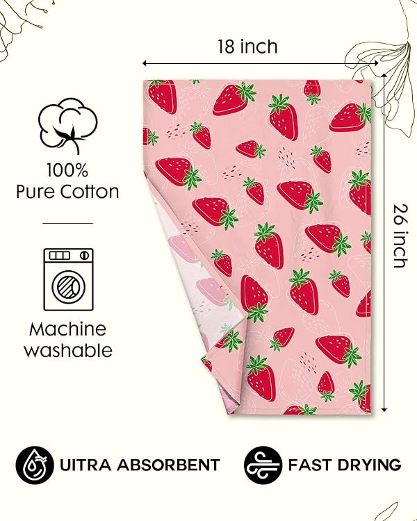 Miss Adola Flour Sack Kitchen Towels Set of 2-18x26 Cotton Dish Towels with Hanging Loop Reusable Tea Towel for Cleaning Spring Absorbent Dishcloths Cute Home Decor Housewarming, Line Strawberry by Miss Adola - Image 5
