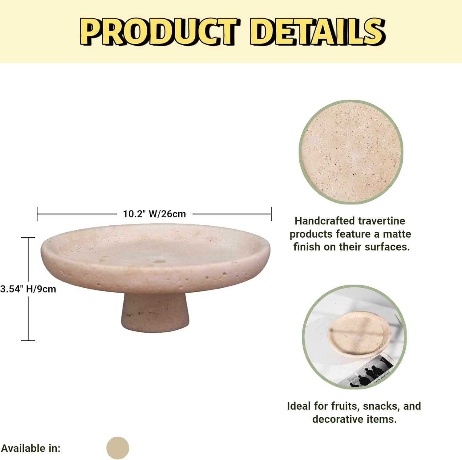 Natural Travertine Fruit Bowl 10.2" – Large Decorative Bowl & Travertine Decor Pedestal for Kitchen Counter & Dining Table ,For Entryway, Kitchen Fruit Bowl, Potpourri, Dining Table Centerpiece.