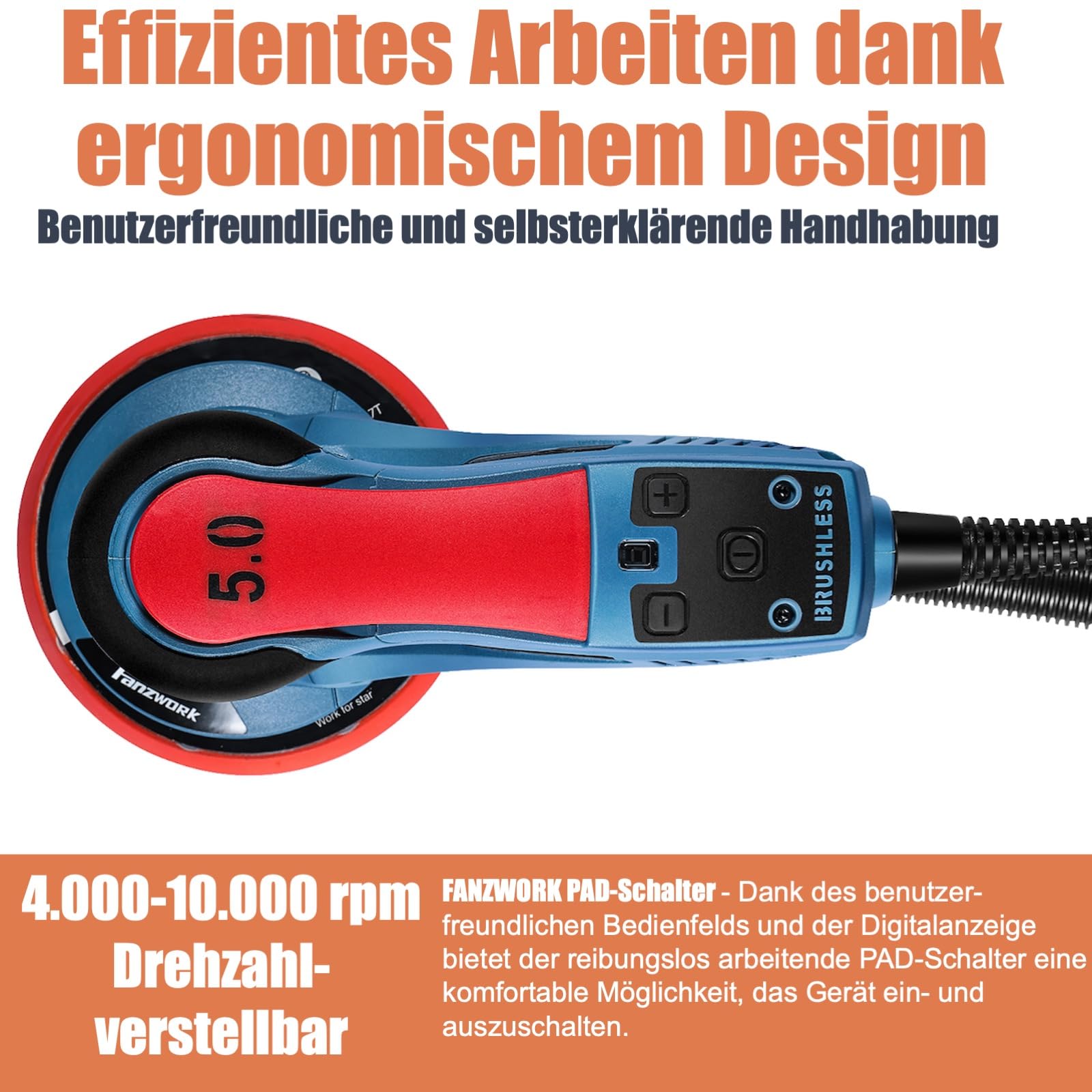 FANZWORK Bürstenloser Exzenterschleifer HG0024,mit 125mm/150mm Schleifteller,5mm Schleifhub, 7-Stufiger Drehzahlregelung bis 10.000 U/min, TELLER-BREMSE, 18x Schleifgitter, Tragkoffer