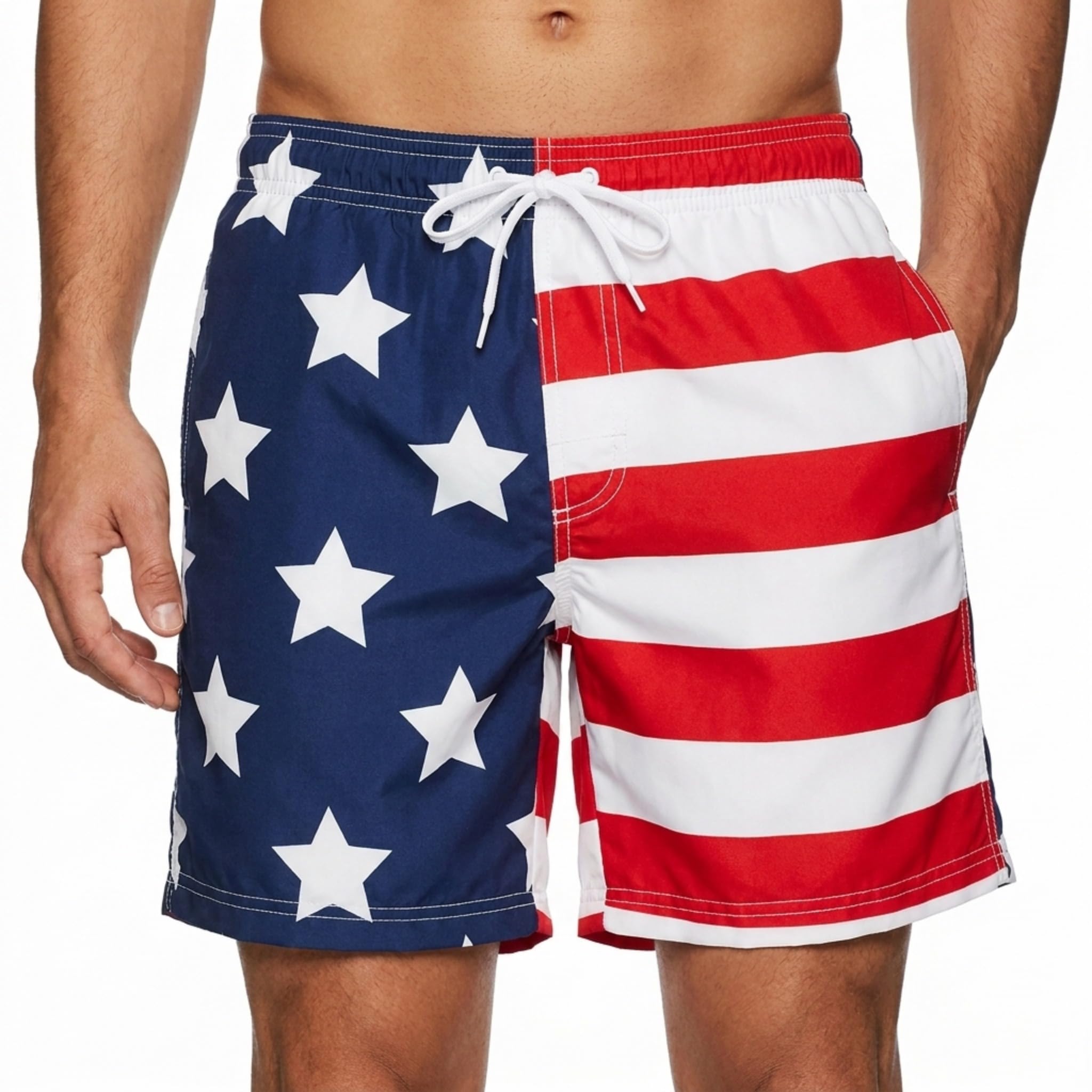 Men's USA Flag Patriotic Volley Swim Trunks, Red White/Blue, Small-image-34
