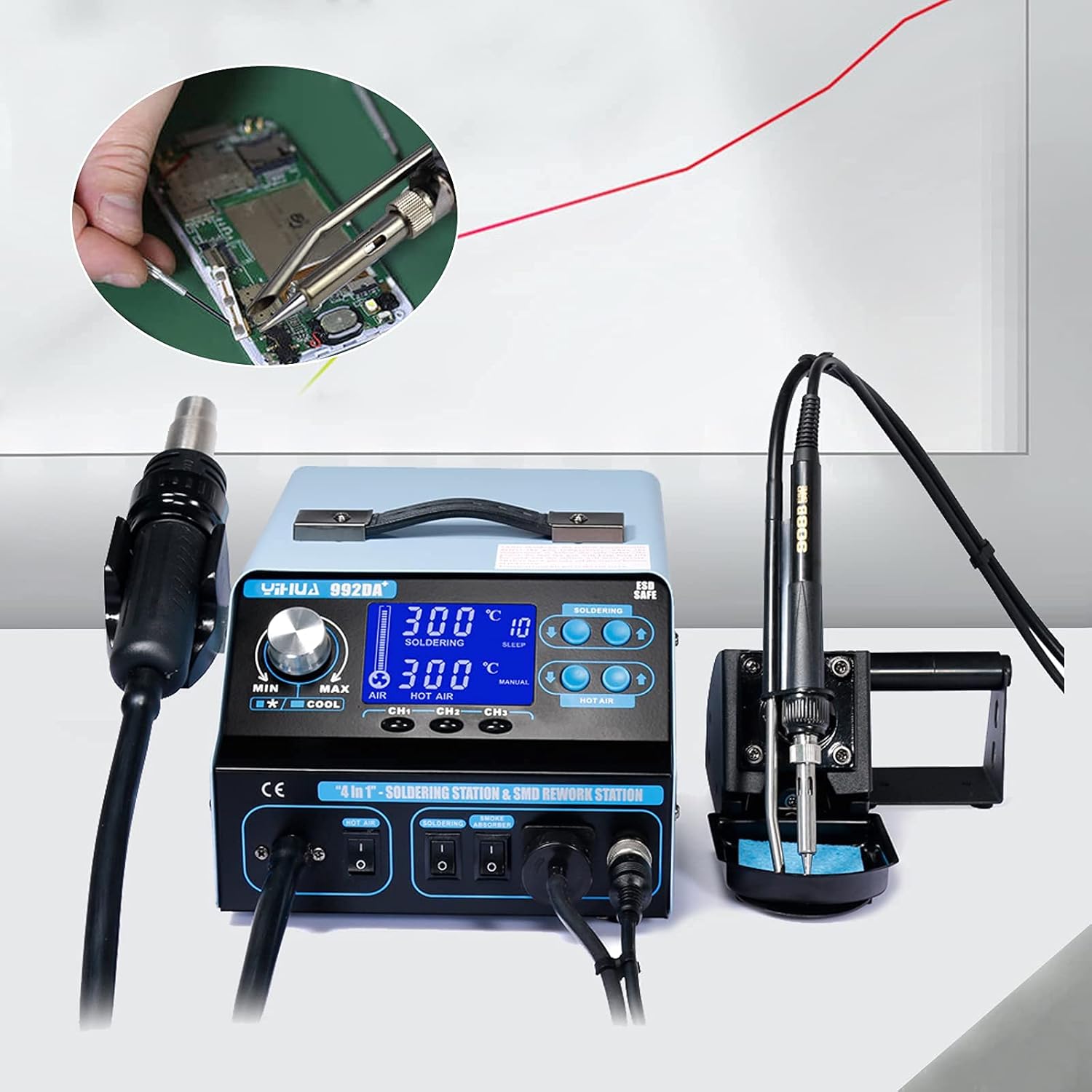 User operating the YIHUA 992DA+ soldering station on a circuit board
