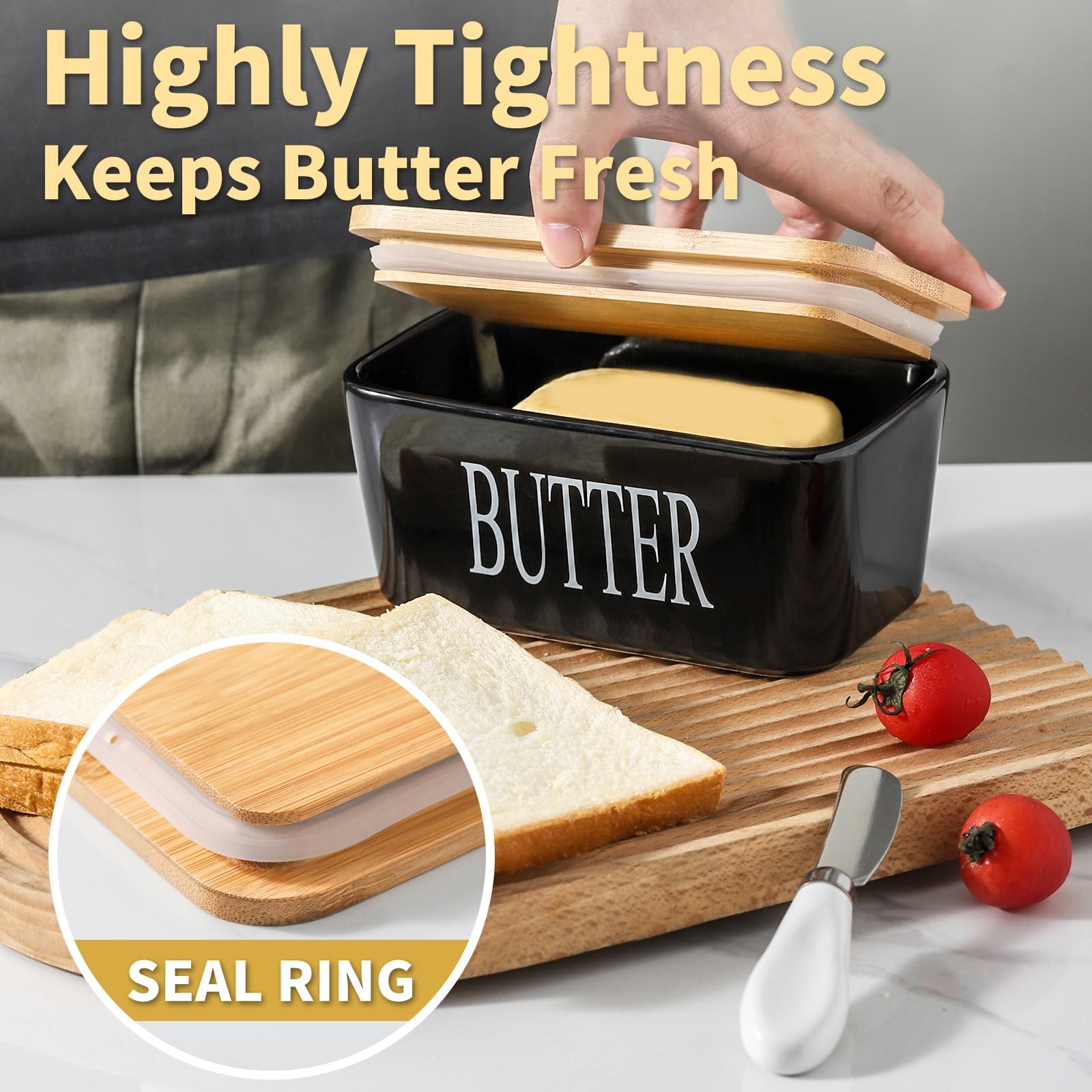 Hasense Ceramic Butter Dish with Lid and Knife, Black 2