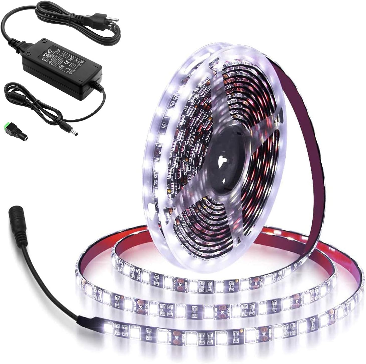 ALITOVE 16.4ft 5050 SMD Black PCB Cool White LED Flexible Strip Ribbon Light 5M 300 LEDs Waterproof IP65 DC 12V with 12V 5A Power Adapter for Home Garden Commercial Area Lighting