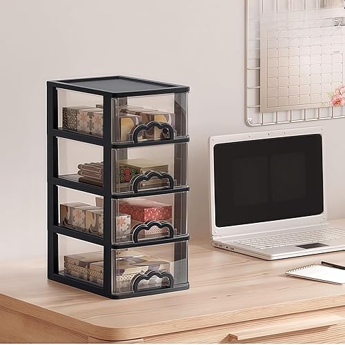 Miniatura 2 de Organizador de escritorio con 4 cajones, unidad de cajón de almacenamiento de plástico transparente, pequeña caja de almacenamiento organizadora de