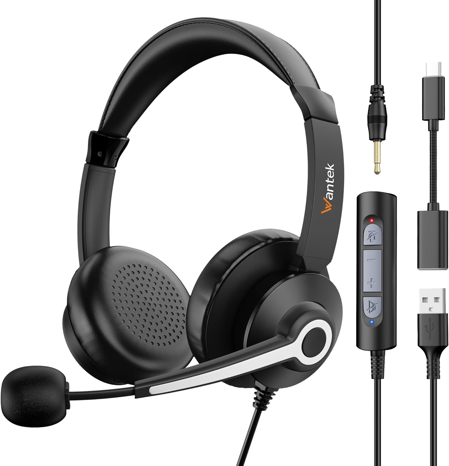 Zestaw słuchawkowy USB z mikrofonem do komputera, zestaw słuchawkowy z redukcją szumów mikrofon do laptopa, przewodowy zestaw słuchawkowy USB 3,5 mm z wyciszoną kontrolą w linii do biura klasy online ze spotkaniami Skype zoom